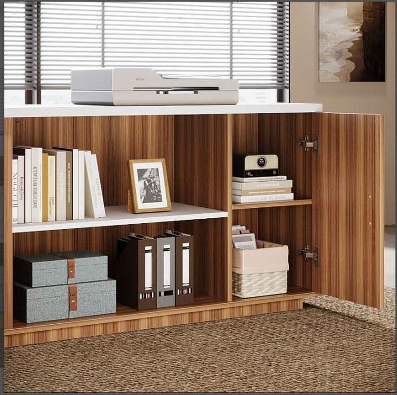 85 Point 8 Inch L-Shaped Executive Desk White Walnut Storage Cabinet