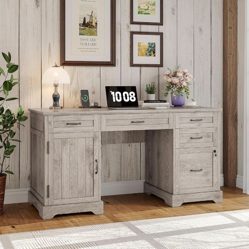 55 Inch Farmhouse Desk White Wash Gray Home Office