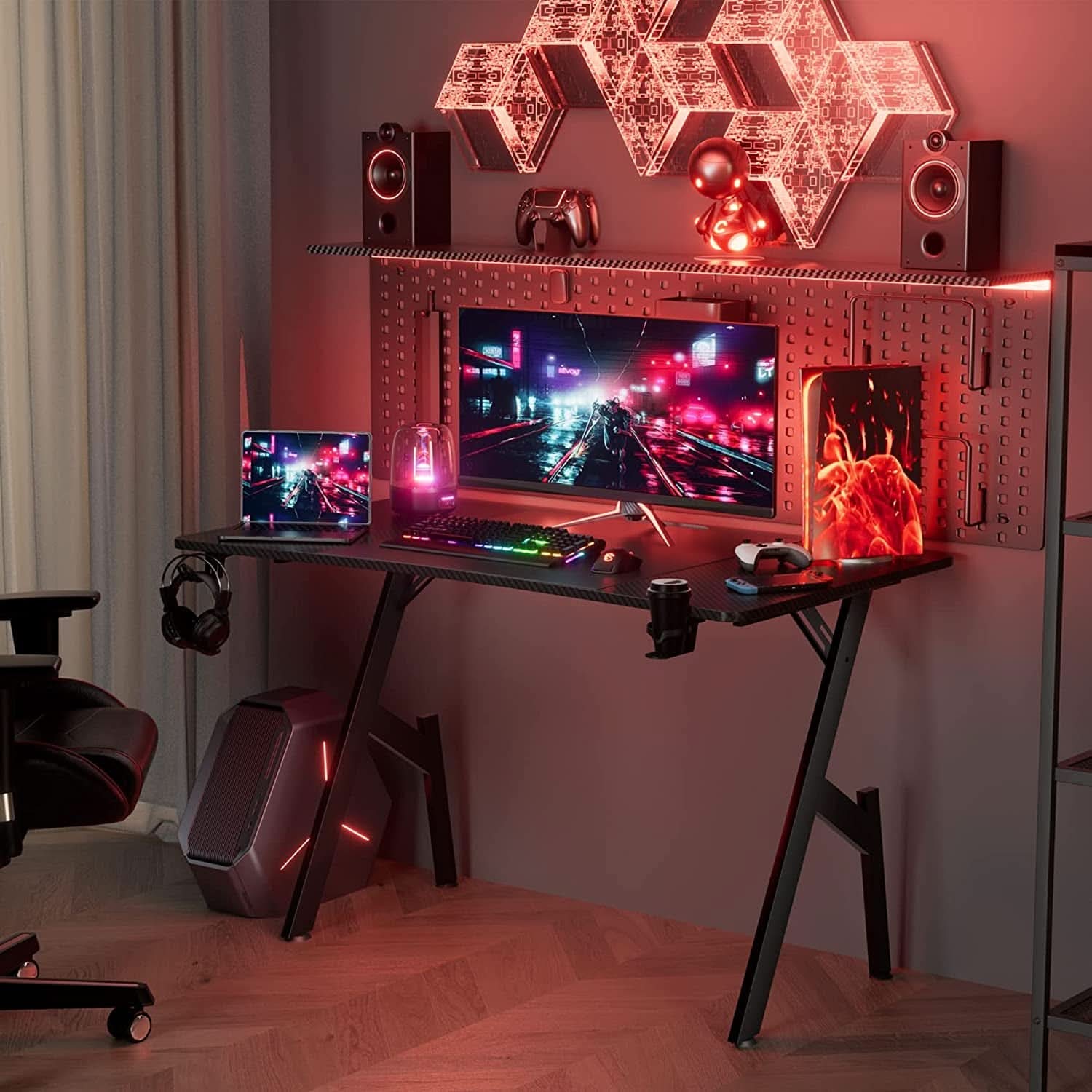 55 Inch Gaming Desk with Carbon Fibre Surface Features