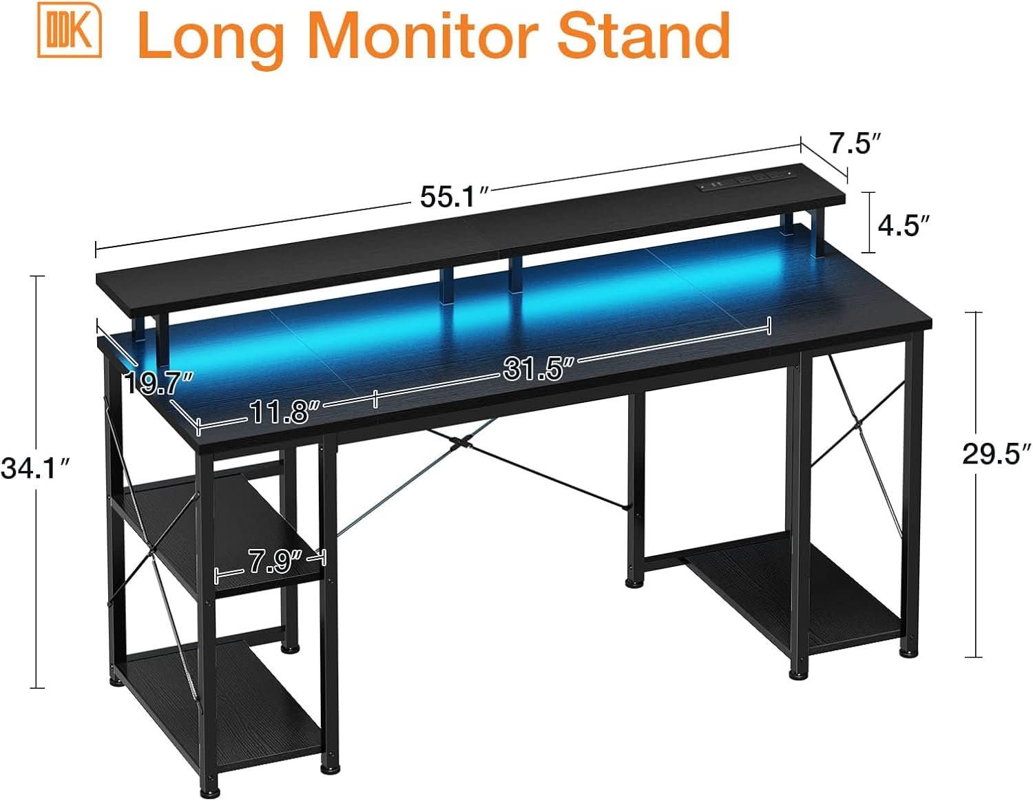 55 Inch Gaming Desk With Power Outlets For Home Office