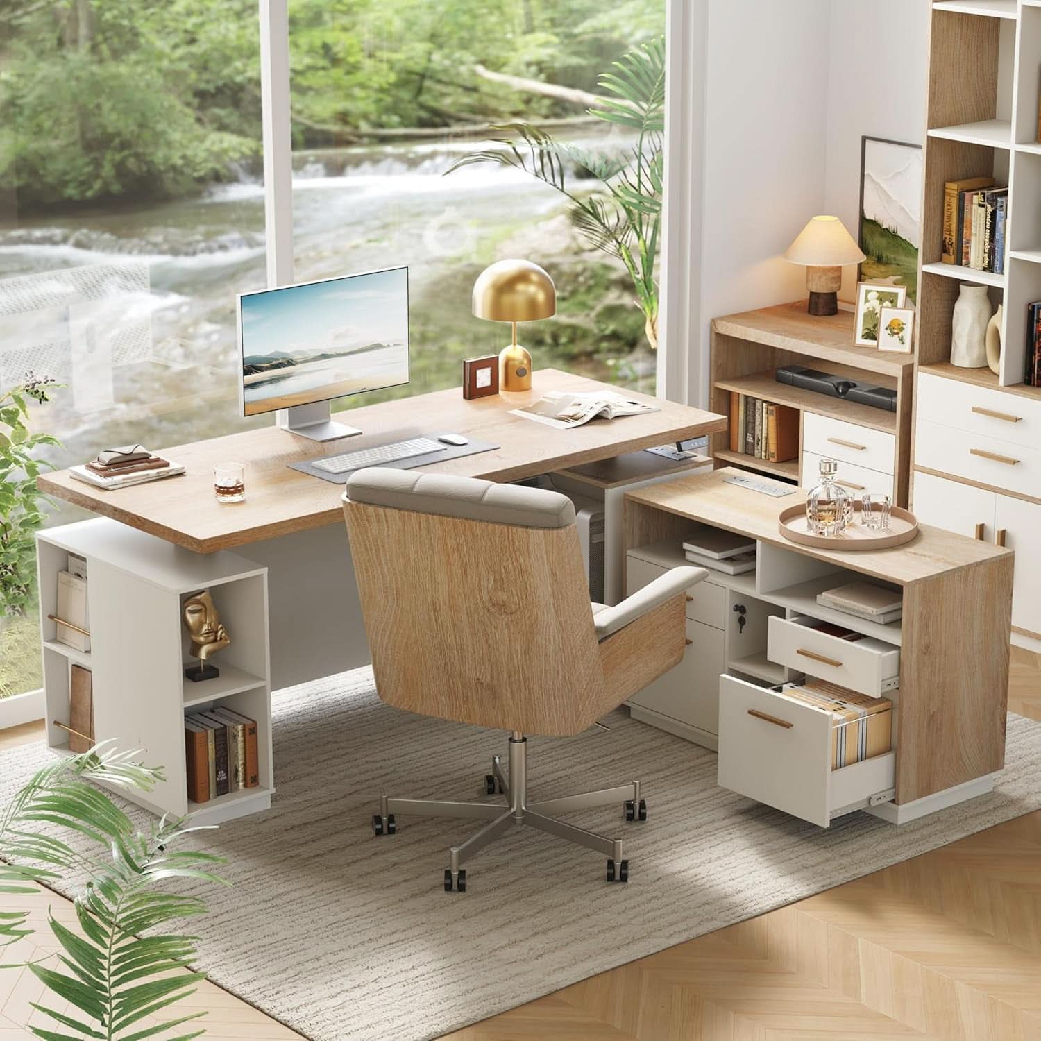 71 Inch L Shaped Standing Desk With USB Walnut Finish