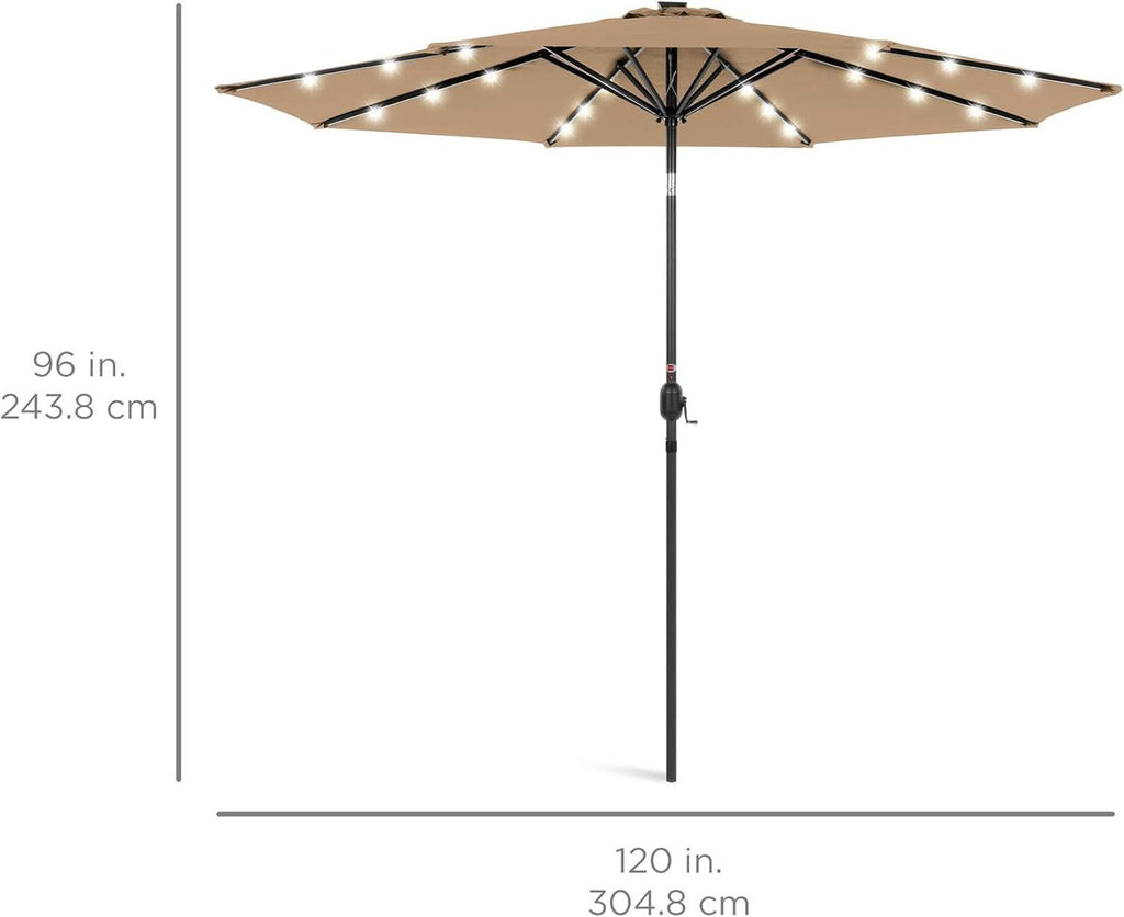 10 Ft Solar LED Patio Umbrella With Tilt Adjustment And UV Resistant Fabric All Weather Use