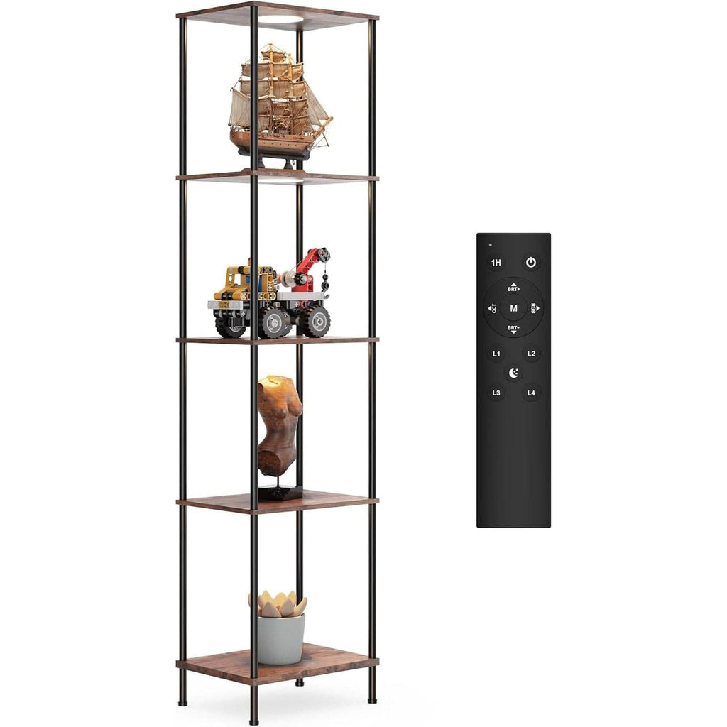 Display Shelf With RGBW Light Floor Lamp 5 Tier Brown