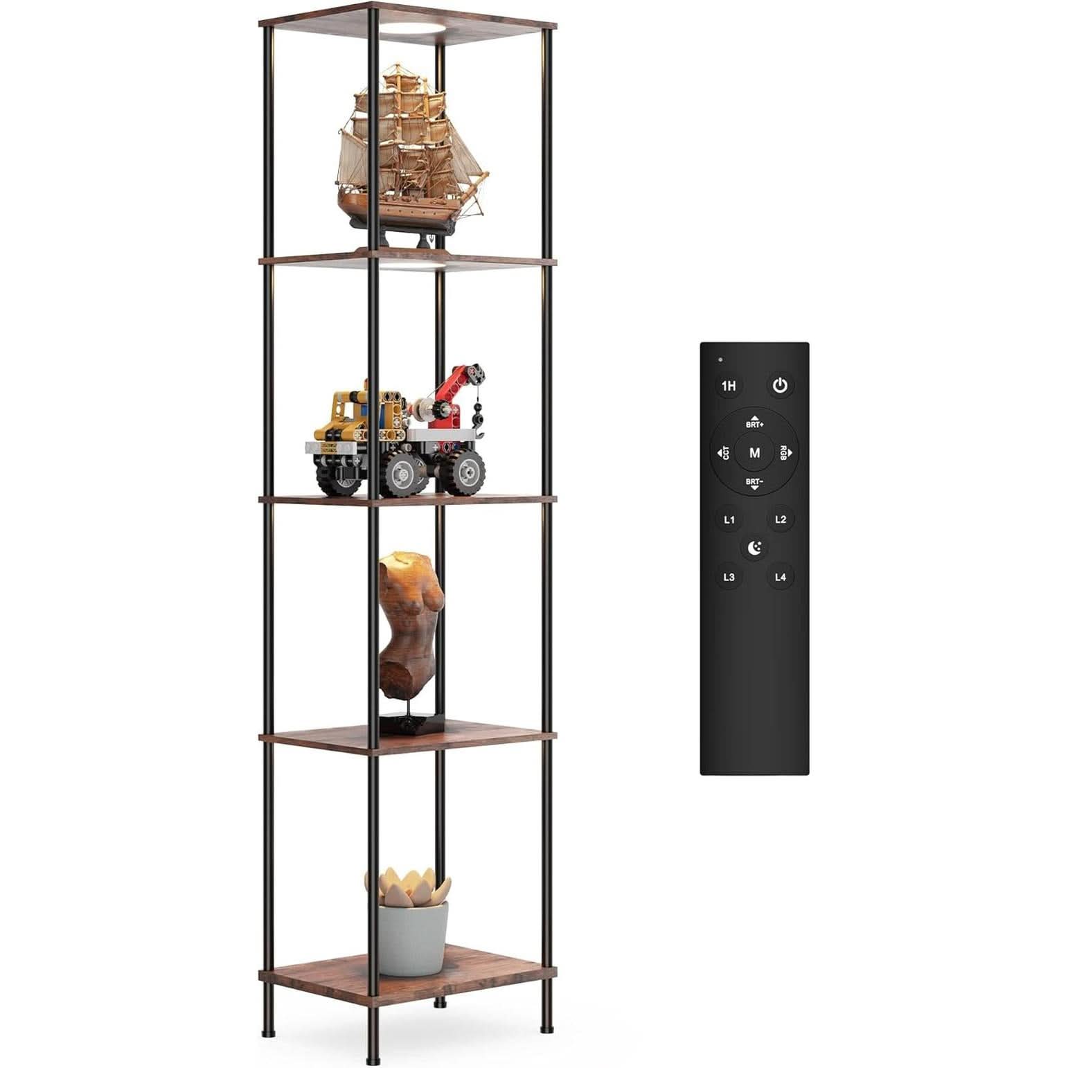 Display Shelf With RGBW Light Floor Lamp 5 Tier Brown