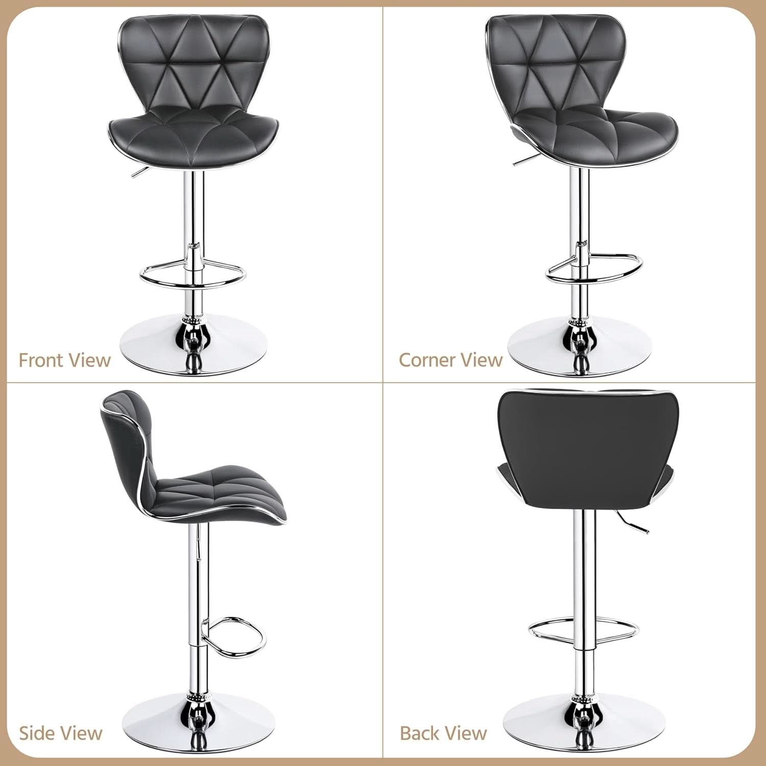Grey Adjustable PU Leather Swivel Bar Stools Set of 2, Counter Height