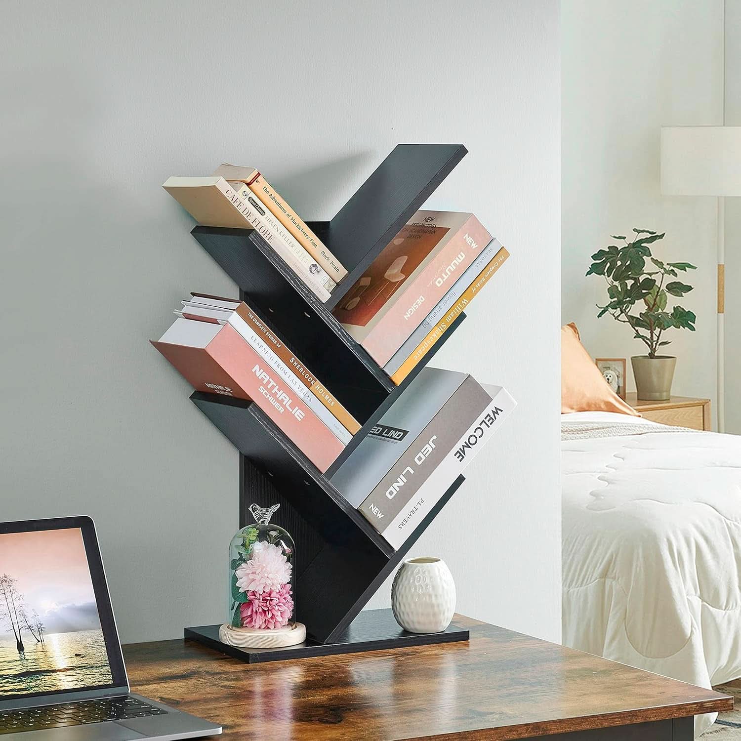 4 Tier Tree Bookshelf Floor Standing Bookcase Home