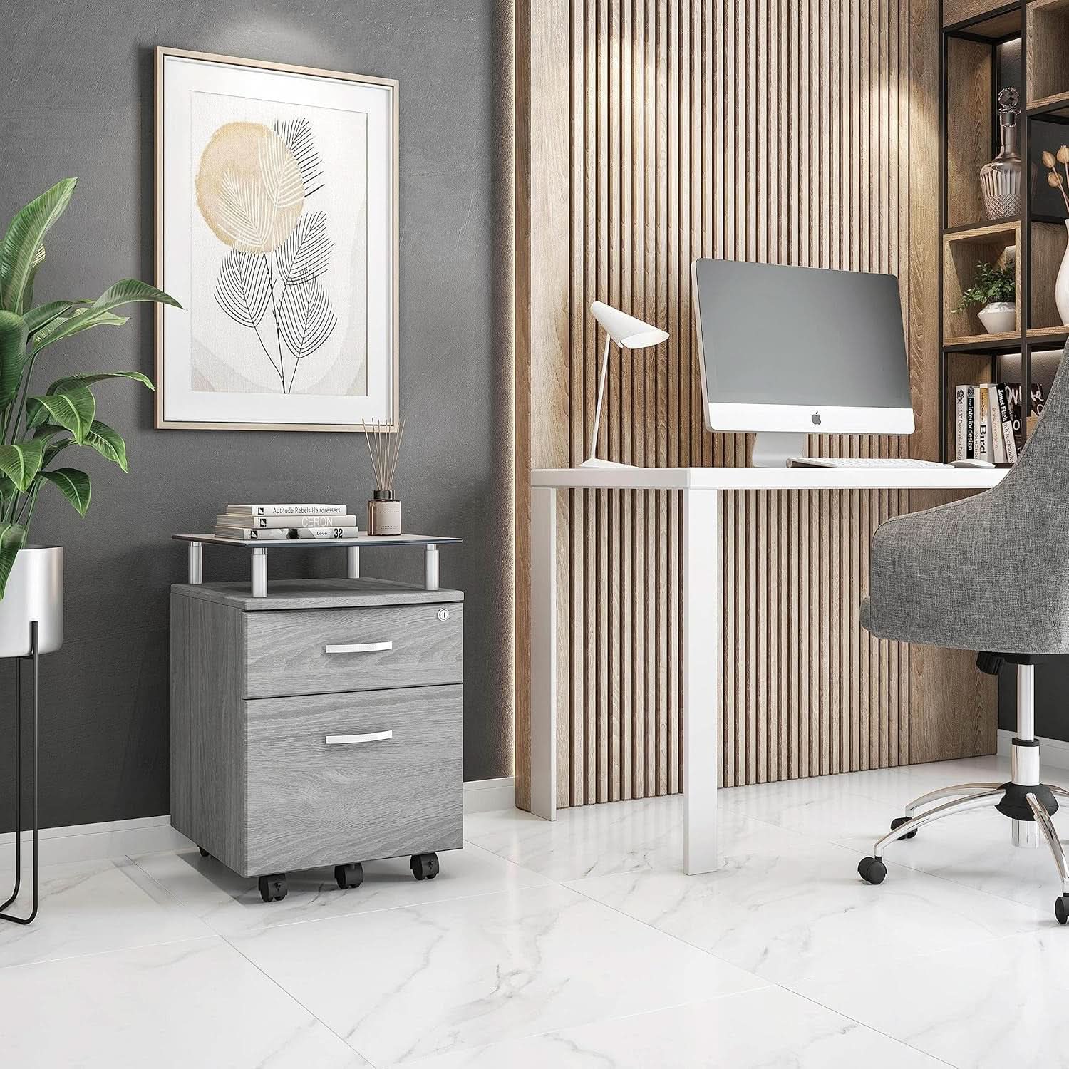 Two Drawer Rolling File Cabinet With Lock And Glass Top Under Desk Printer Stand Grey Office Furniture
