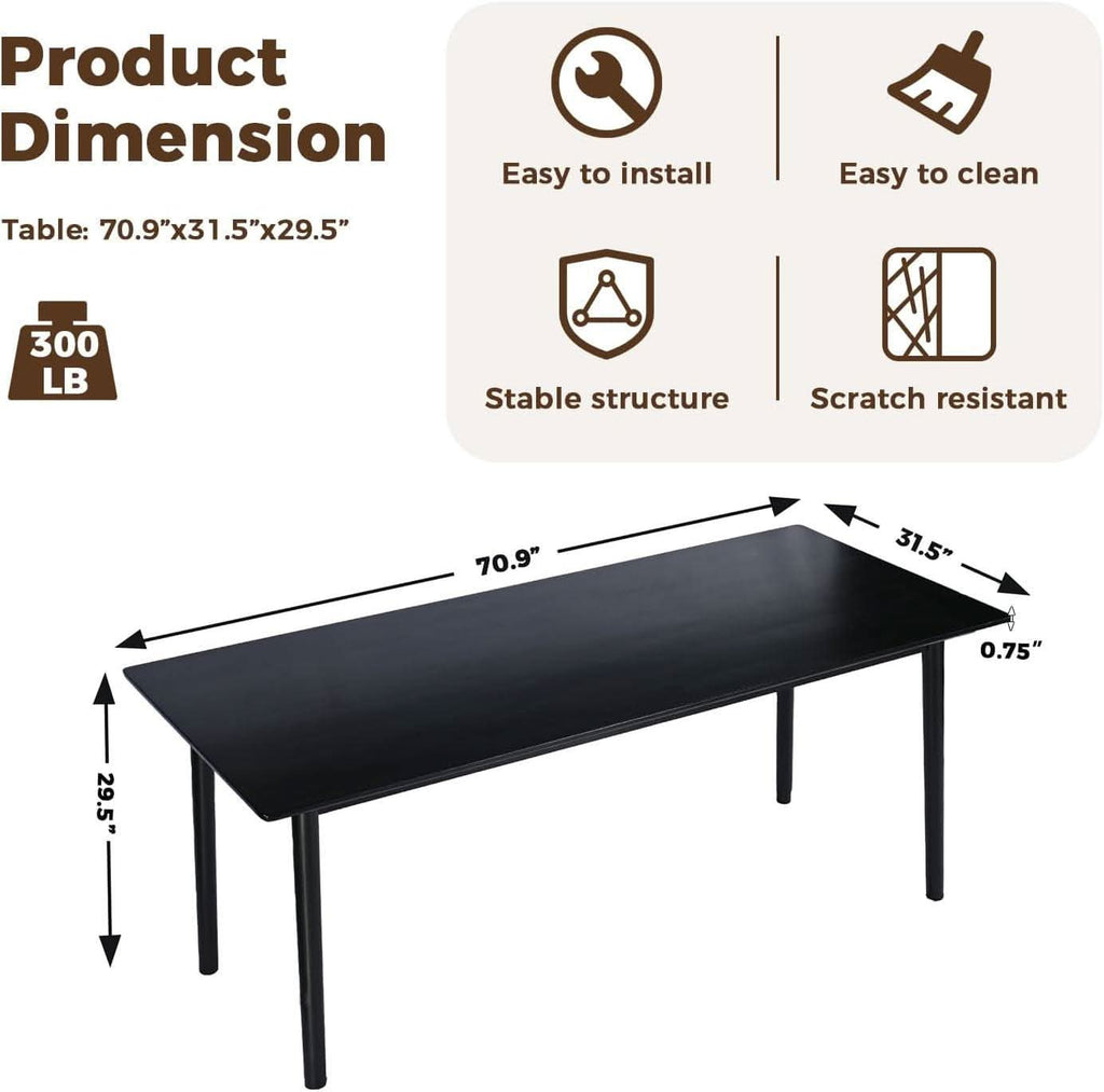 70 Inch Black Solid Oak Dining Table For 6 To 8 People