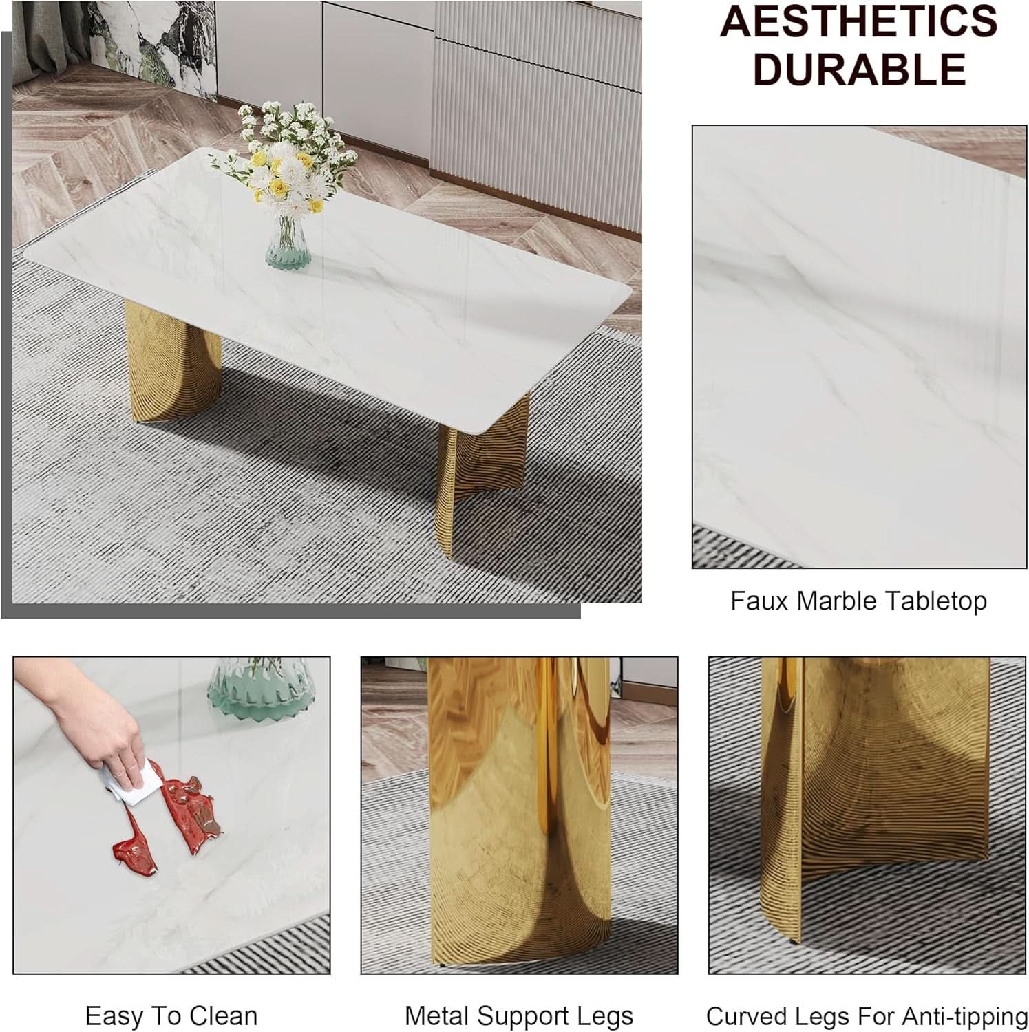 White Marble Dining Table 71 Inch Glass Top Gold Base