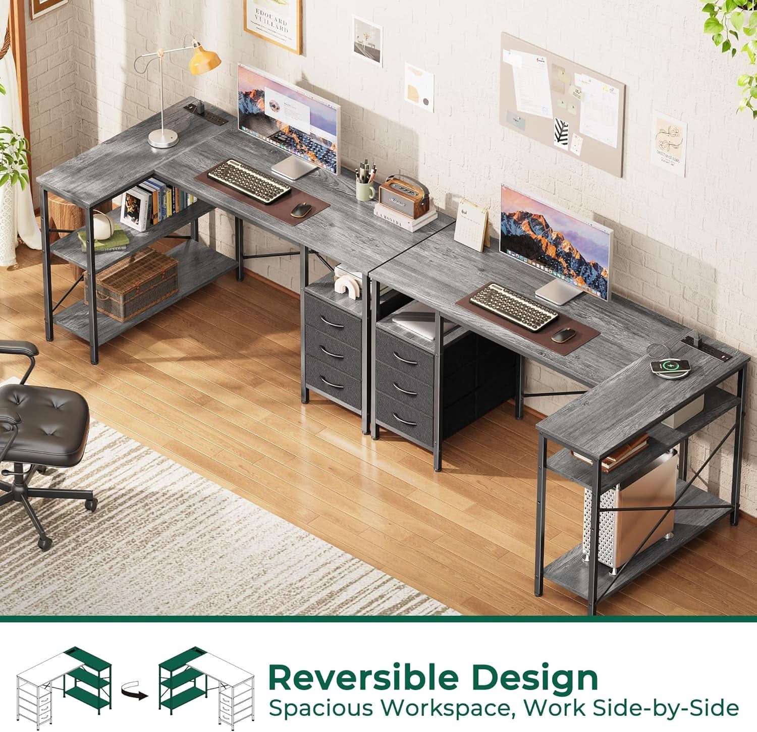47 Inch L Shaped Desk With Power Outlets And 3 Drawers Grey