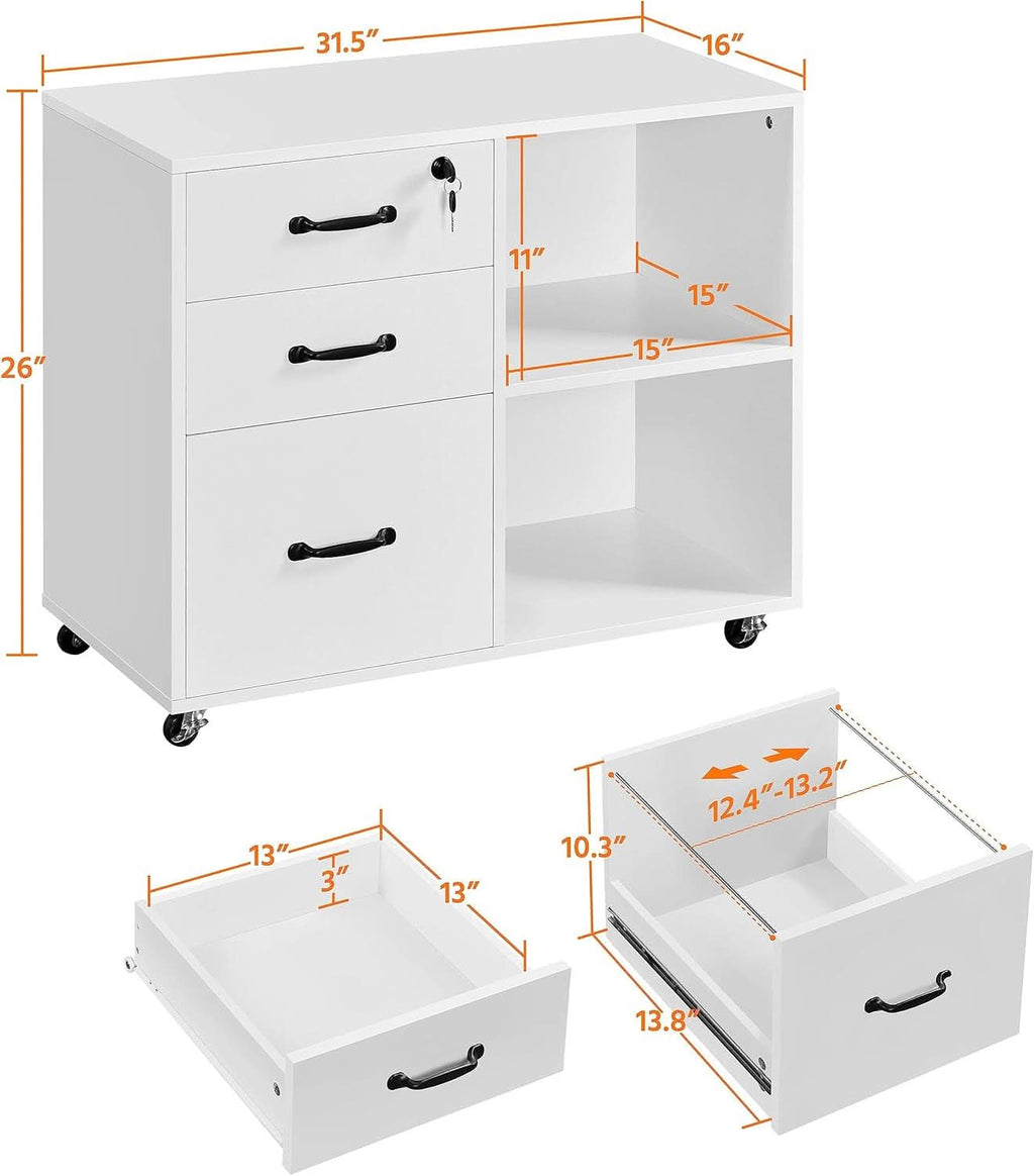 3 Drawer File Cabinet White Mobile Lateral Filing Cabinet With Lockable Top Drawer And Open Shelves For Home Office