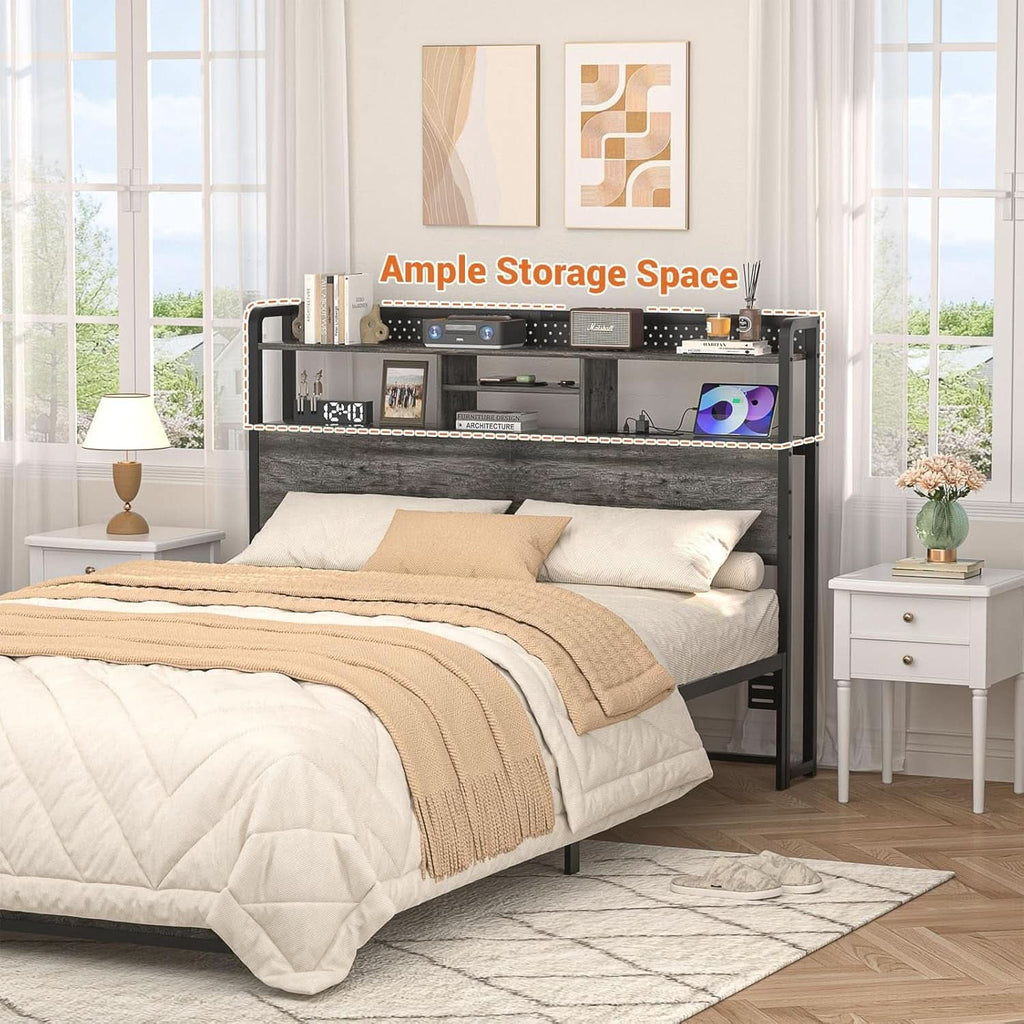 Queen Size Headboard With Storage Shelf And USB Ports