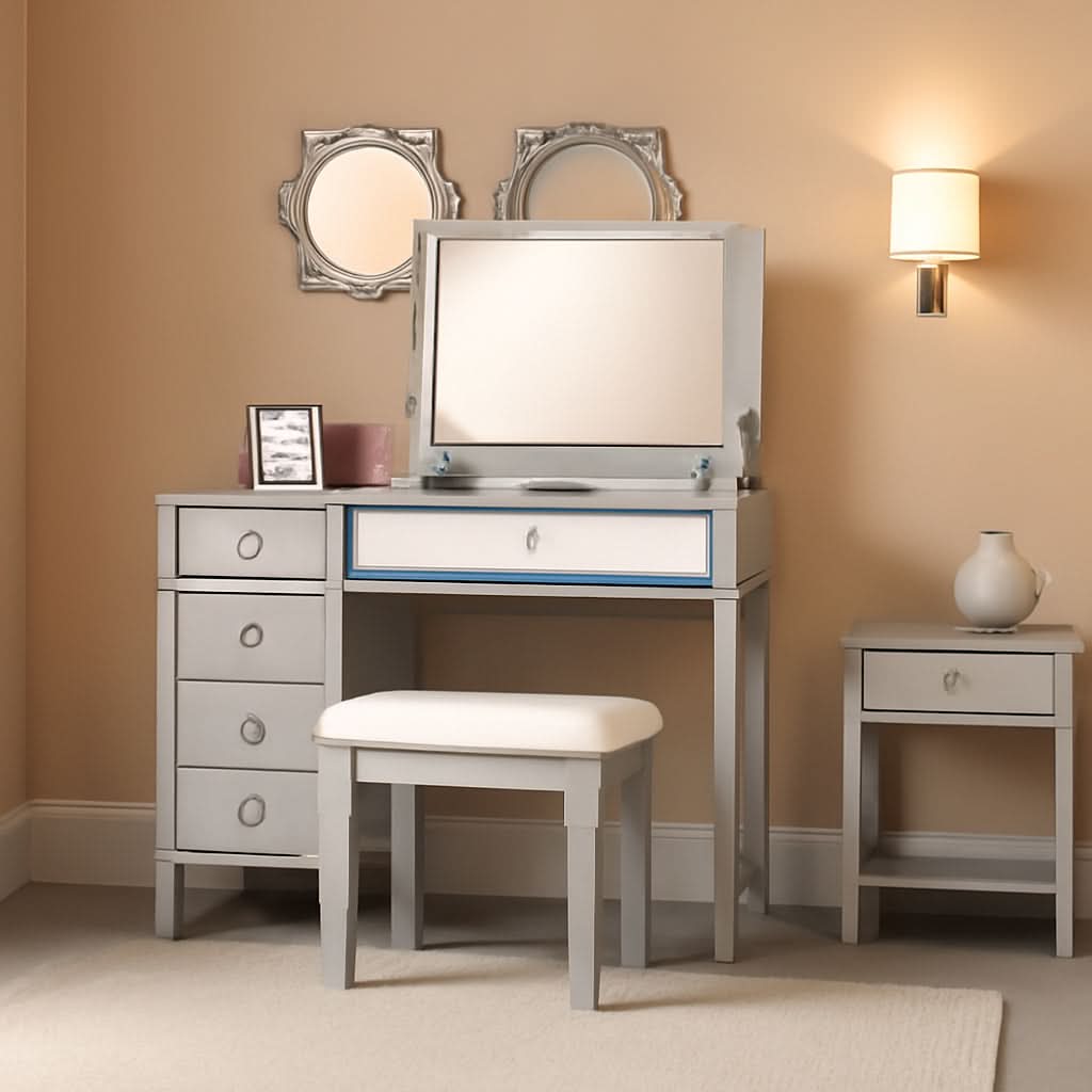 Silver Vanity Set With Hidden Storage And Mirror Accent