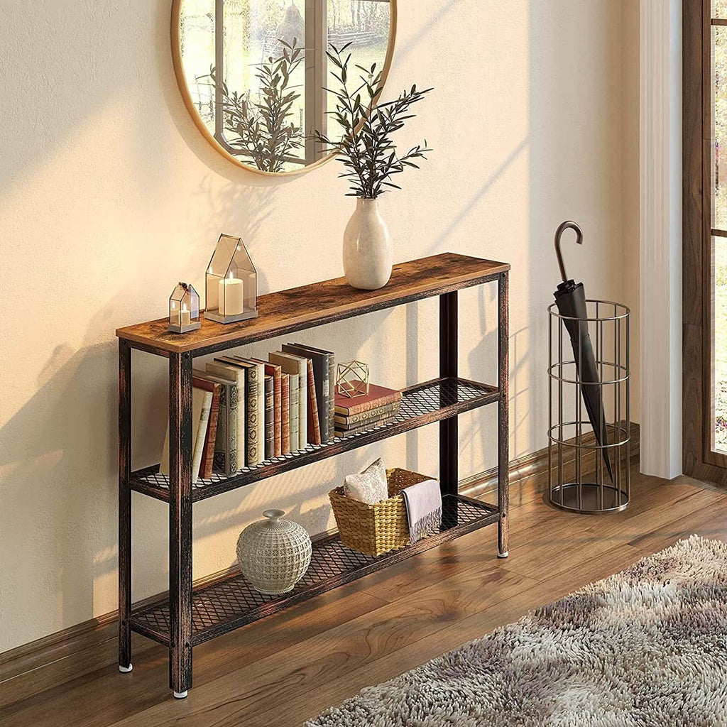 Rustic Console Table 47.25 Inch Long With Mesh Shelves