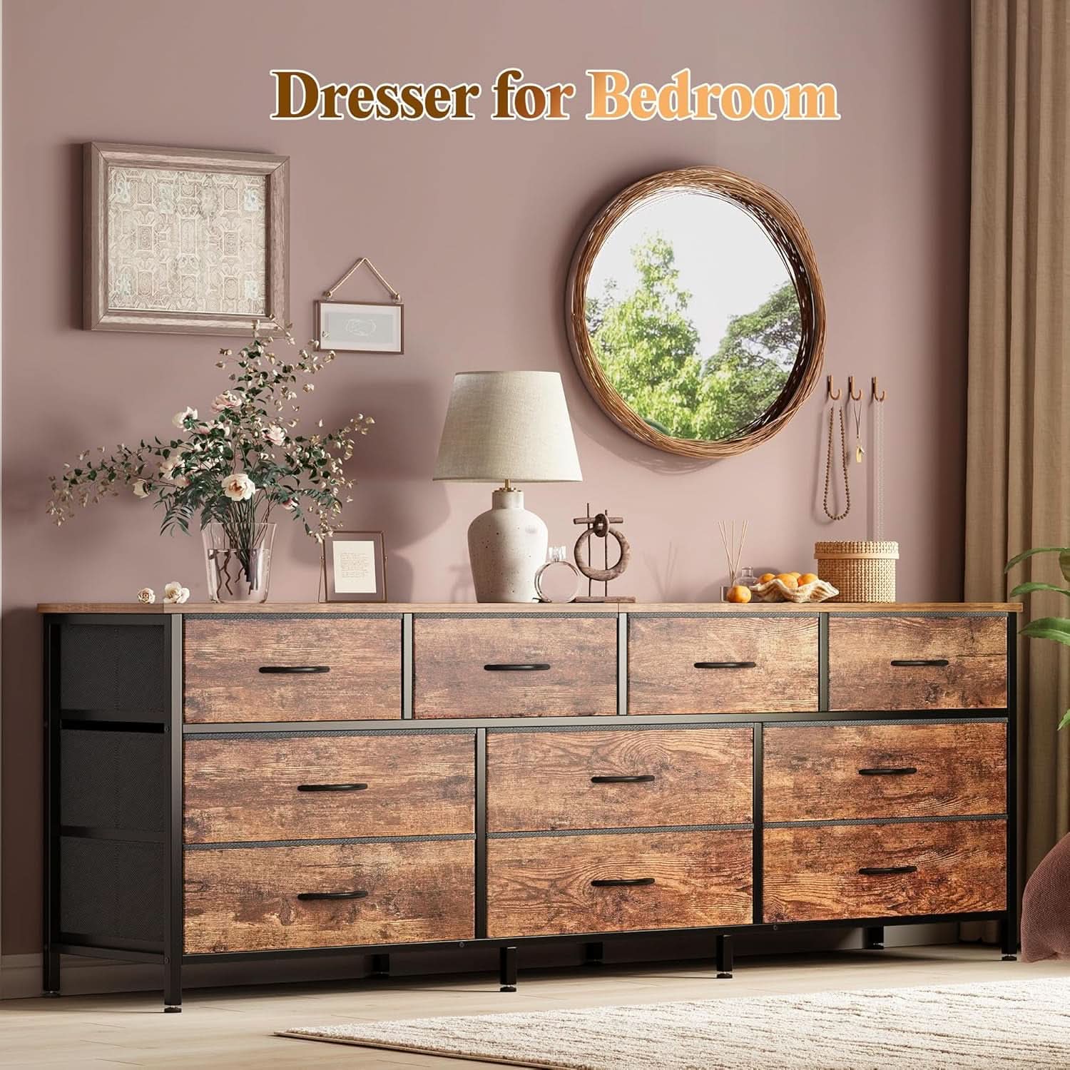 63 Inch Dresser With Durable Fabric Drawers In Rustic Brown