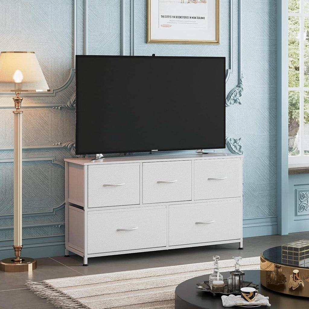White TexturedFabric Dresser With Five Deep Drawers