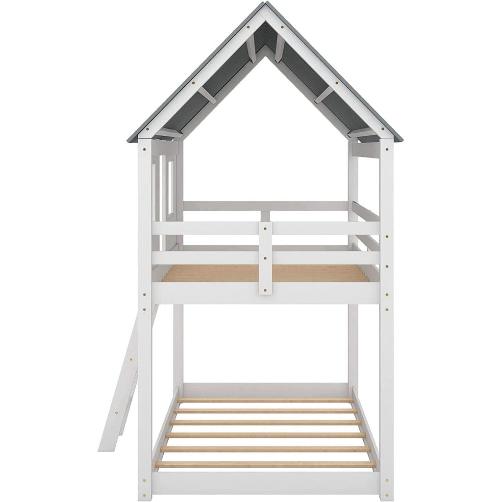 Twin House Bunk Bed With Playhouse White And Gray Finish