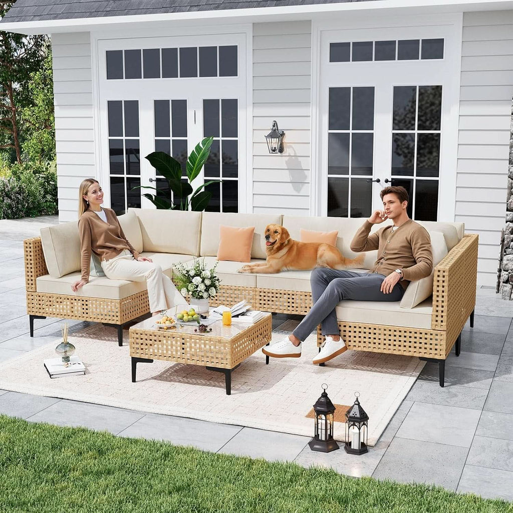 110 Inch Large 7 Piece Wicker Outdoor Patio Set Beige Cushions