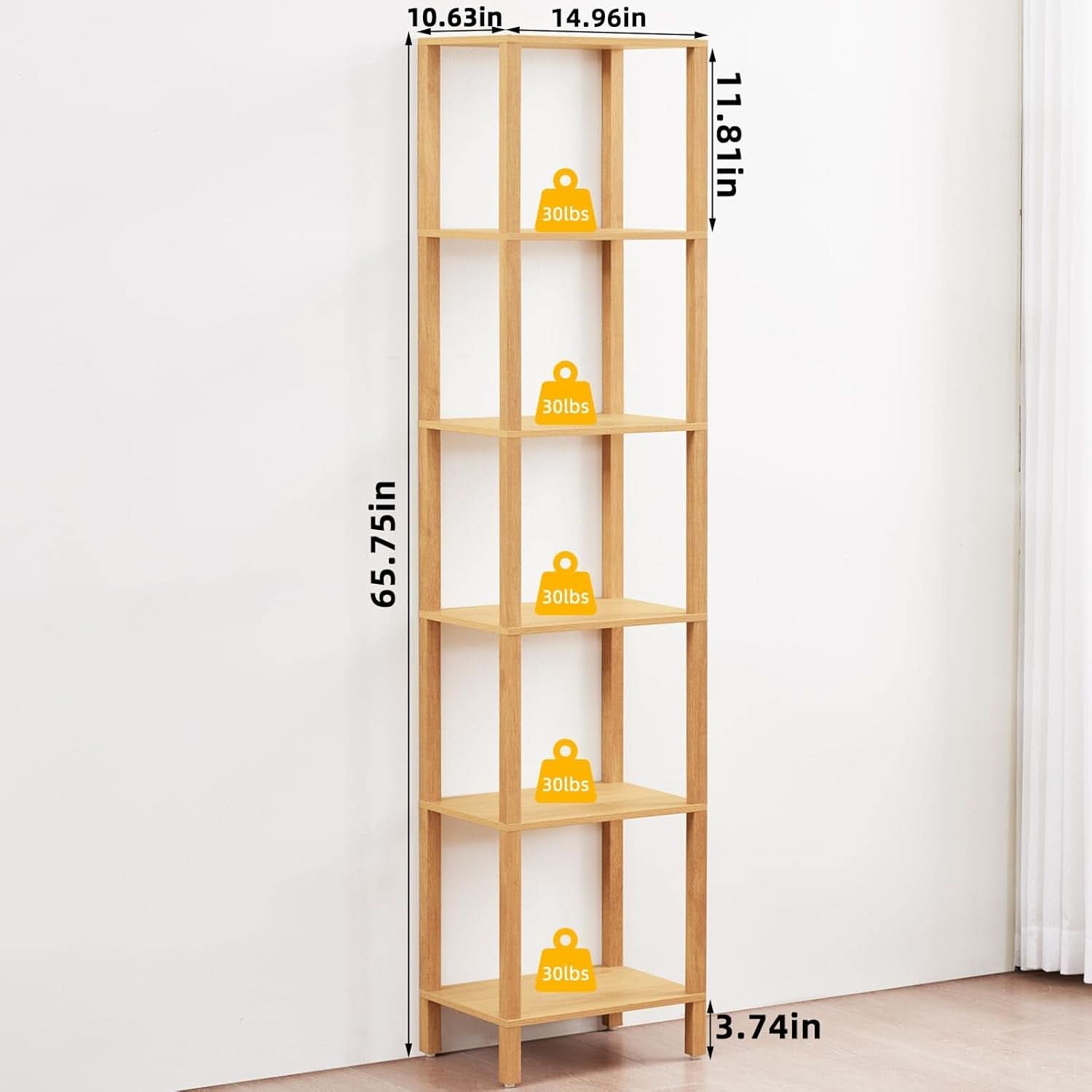 66In Tall 6 Tier Narrow Wood Bookcase Slim Shelf Living Room