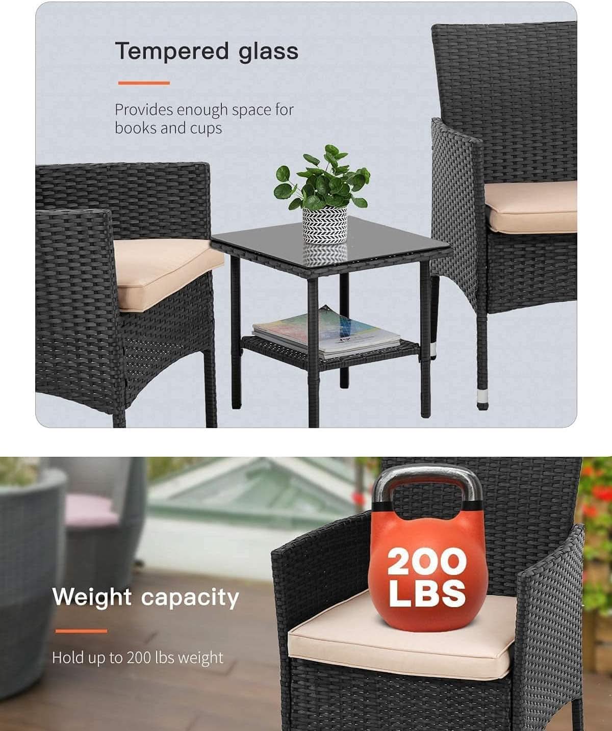 Wicker Bistro Set Cushioned Chairs Coffee Table Black Beige