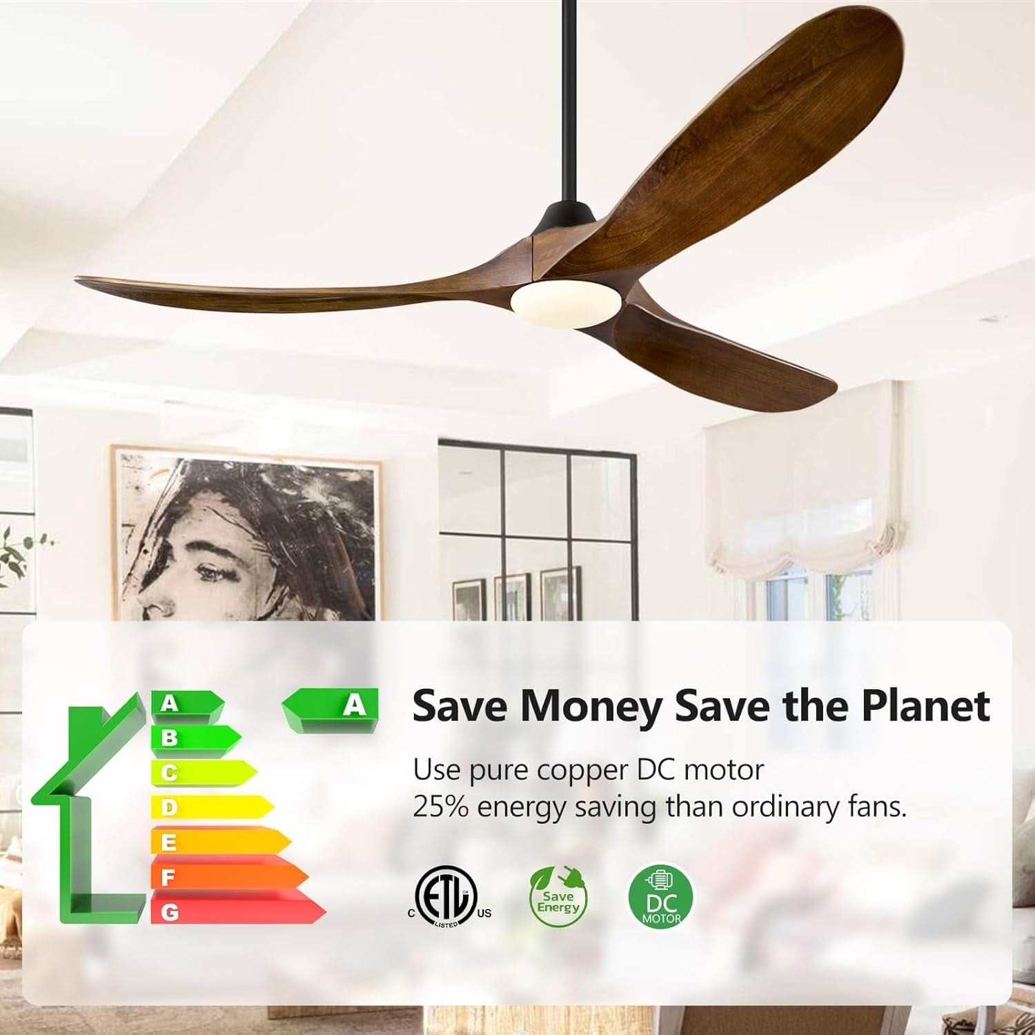 60 Inch Walnut Solid Wood Ceiling Fan Outdoor Weatherproof