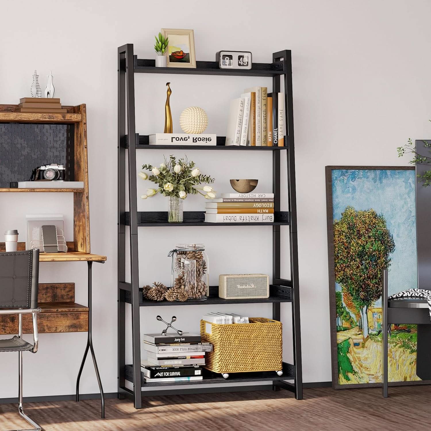 Industrial 5 Tier Bookshelf With Steel Frame 74In Tall