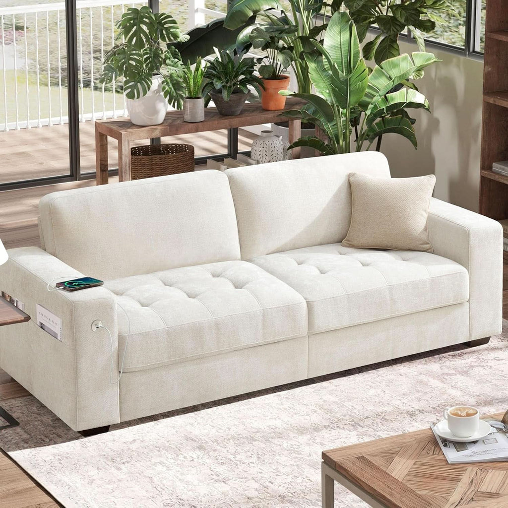 70 Inch Gray Chenille Loveseat With USB C Ports And Plush Cushions