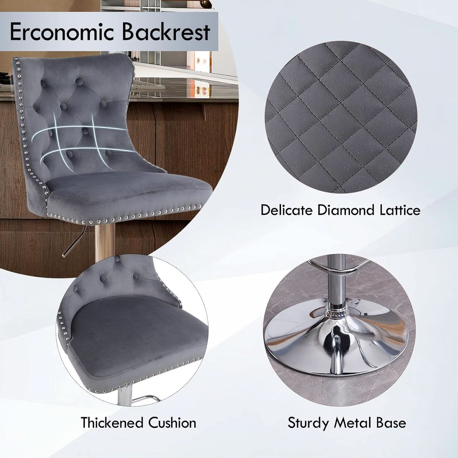 Velvet Adjustable Swivel Bar Stools Dark Grey Set Of 4