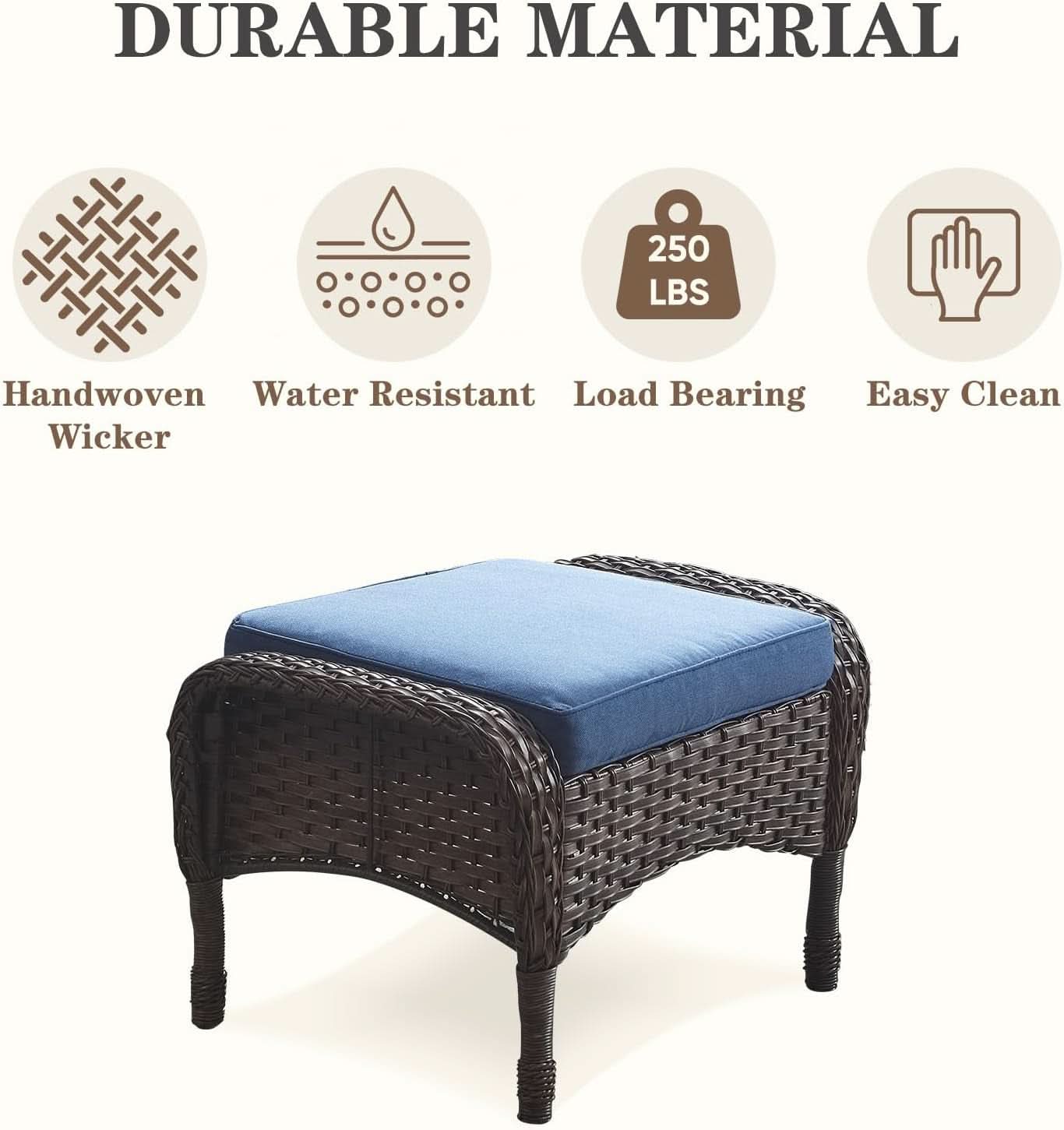 Six Piece Patio Conversation Set Brown Wicker Blue Cushions