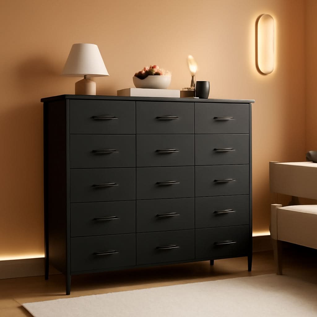 10 Drawer Dresser With Black Premium Fabric Finish And Durable Metal Frame For Bedroom Storage And Organization