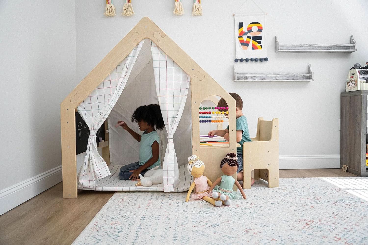 Wooden Montessori Style 5 In 1 Large Playhouse Windowpane