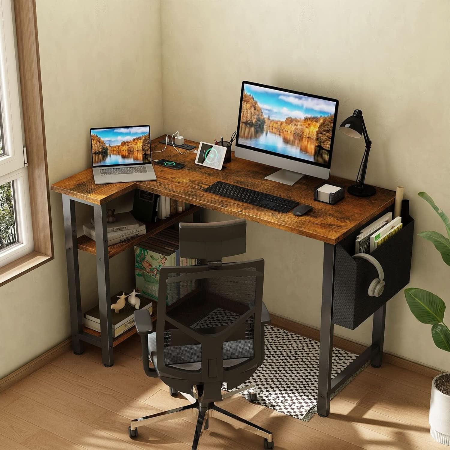 40 Inch L Shaped Desk With Power Outlet And Shelves Rustic Brown