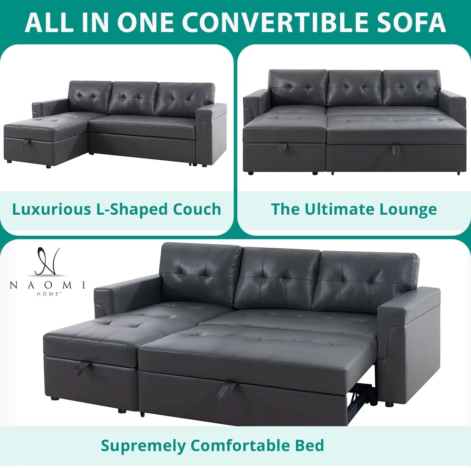 L Shaped Sectional Sofa Sleeper Storage Chaise Dark Gray