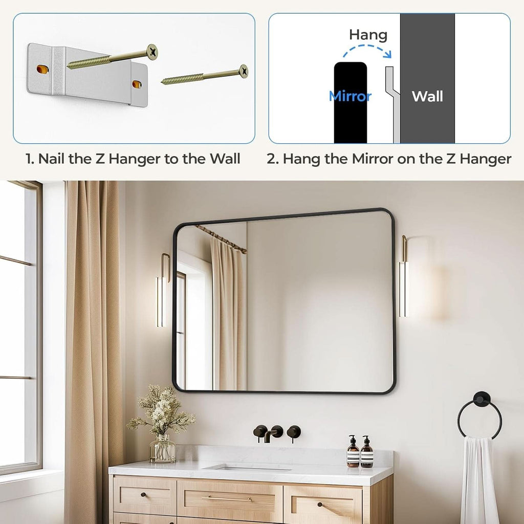 Black 30x40 Inch Rectangle Metal Frame Bathroom Vanity Mirror Wall Mounted