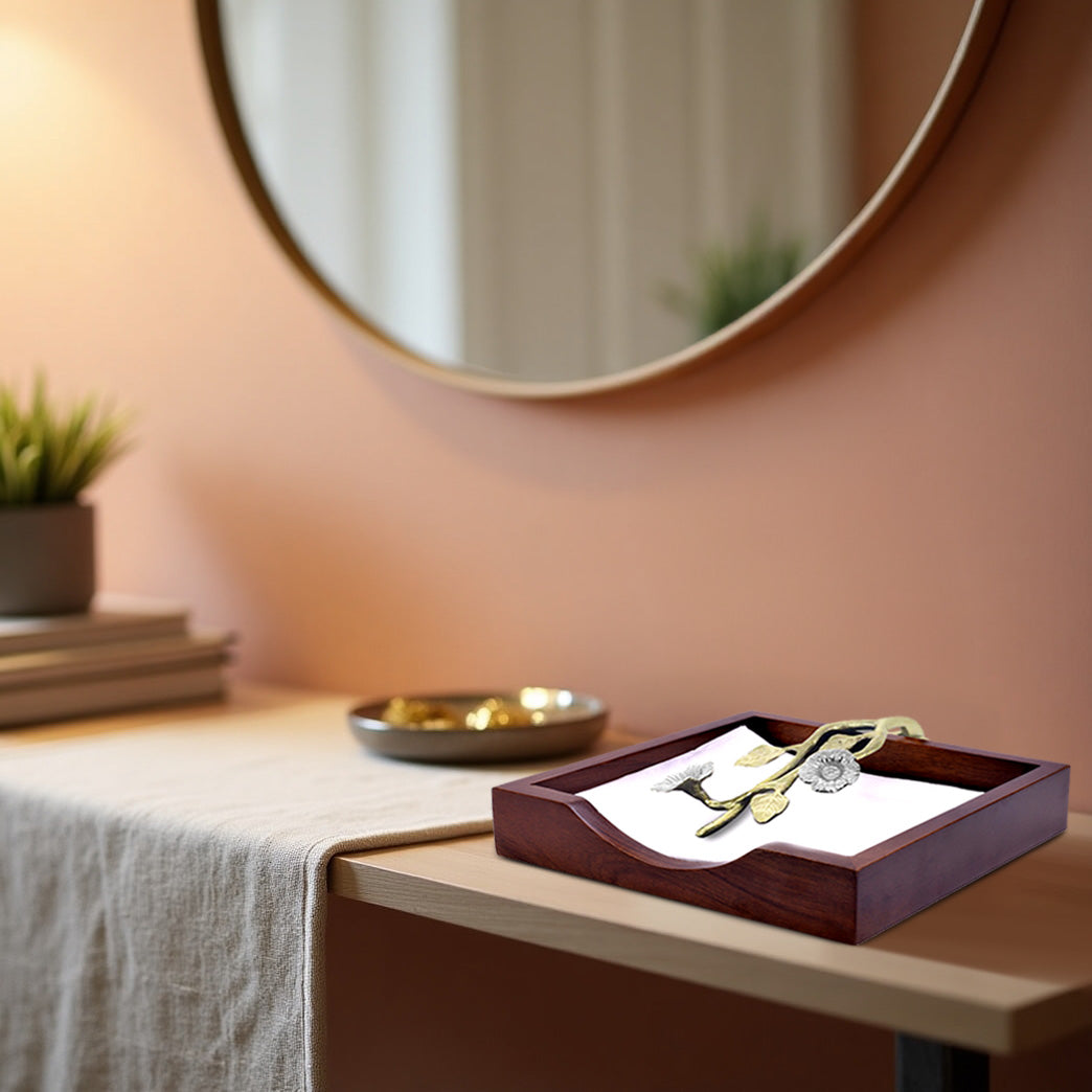 Solid Wood Napkin Holder with Silver and Gold Finish Ornament
