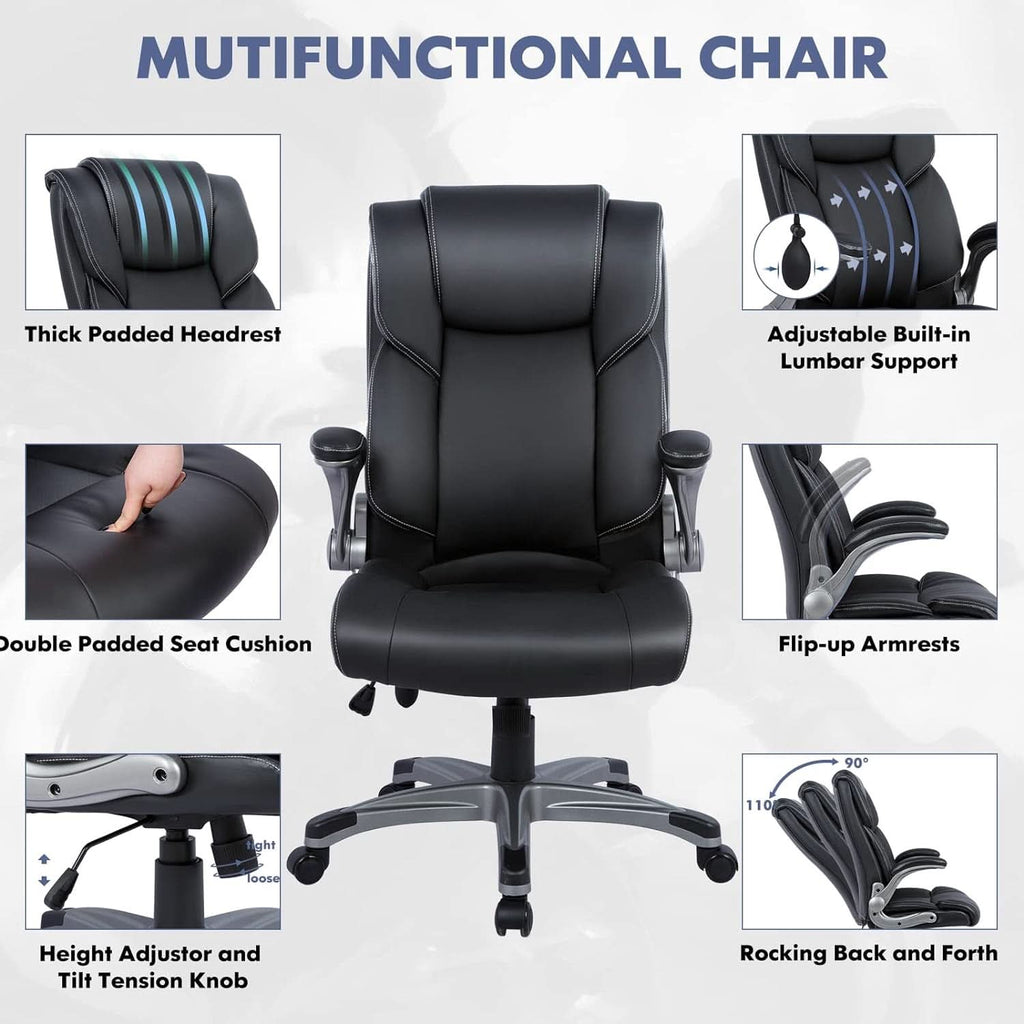 Black Leather Executive Office Chairs 2 Pack With Flip Arms