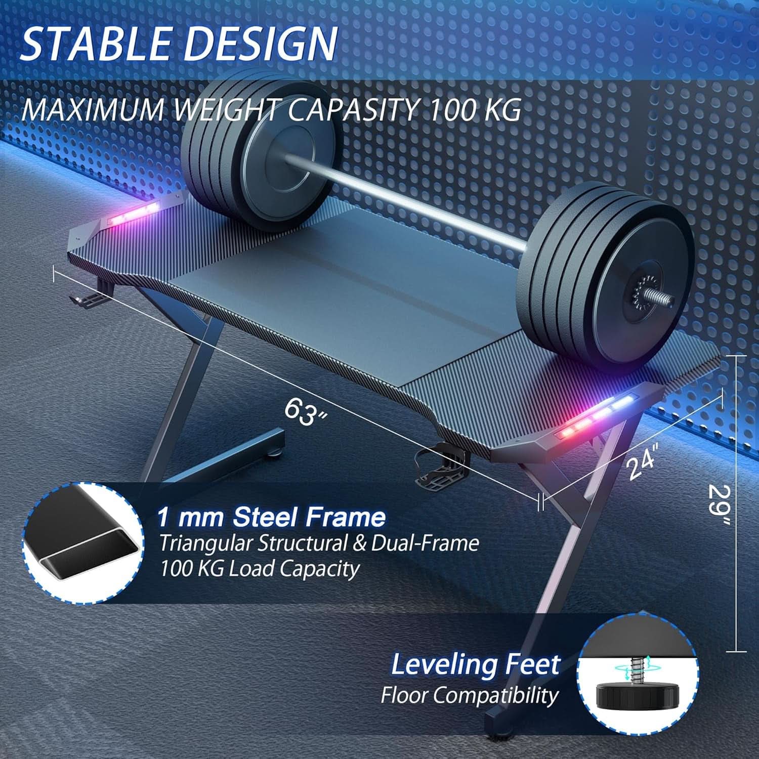 63 Inch Gaming Desk With LED Lights Carbon Fiber Desktop