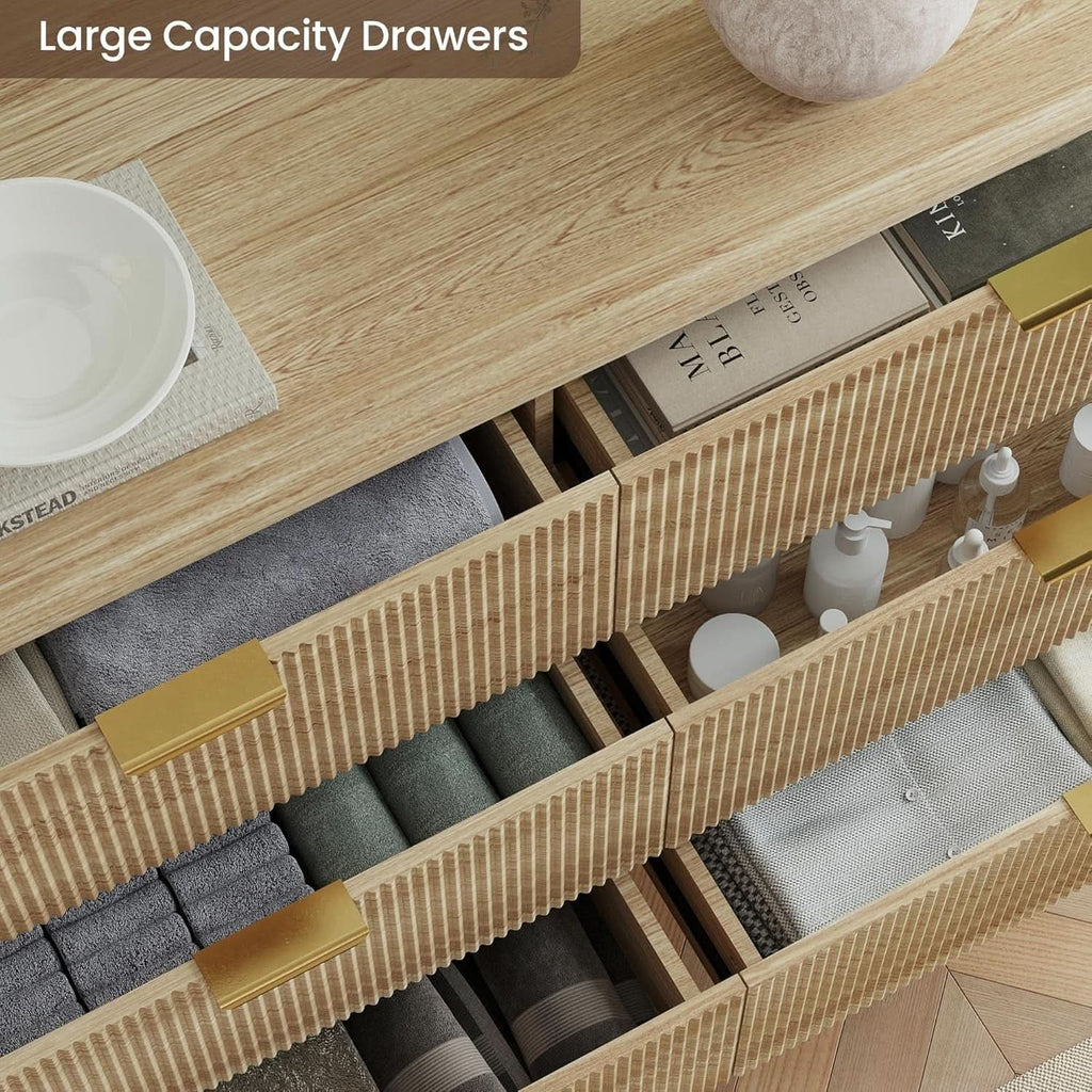 Fluted 49Inch Serpentine Dresser Oak Finish Contemporary