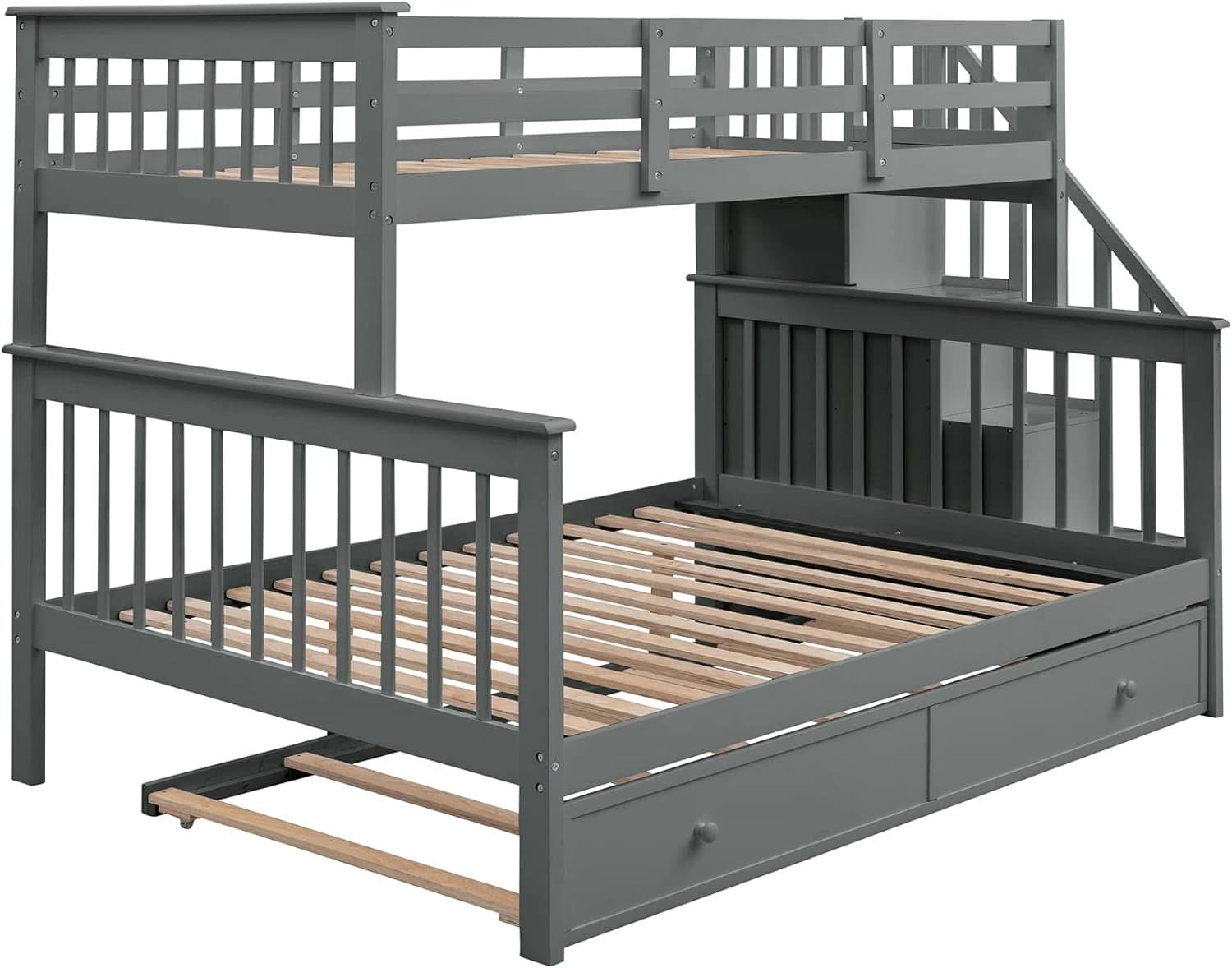 Twin Over Full Bunk Bed With Trundle Storage Shelves Grey