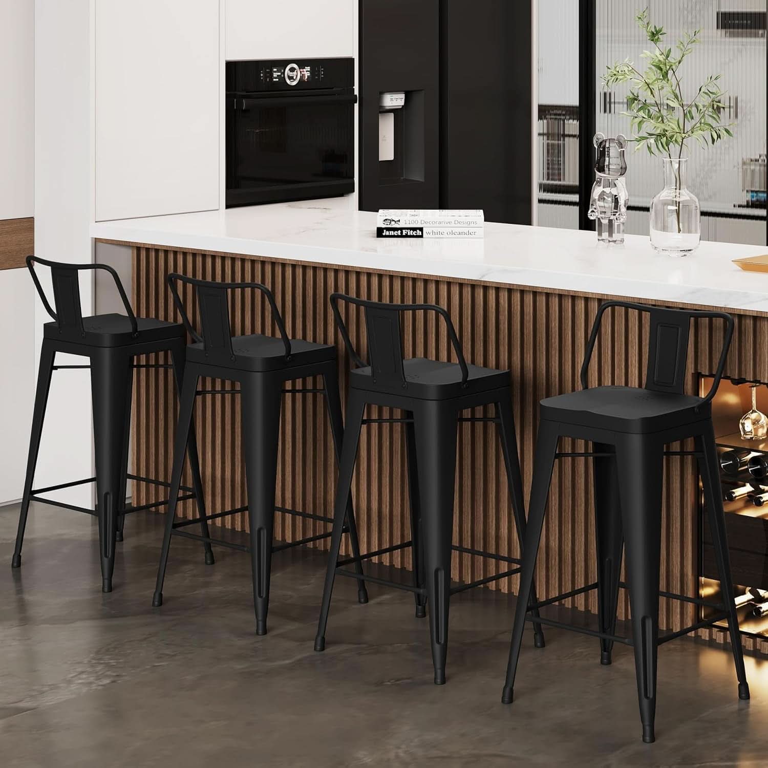 26 Inch Black Industrial Metal Bar Stools Set Of 4 For Indoor Outdoor Weather Resistant Ergonomic Comfort