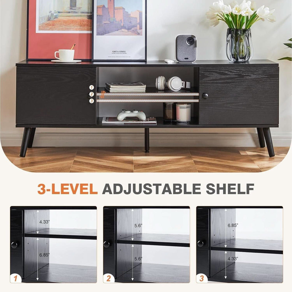 TV Stand For 55-60 Inch TVs Black With Two Cabinets Storage