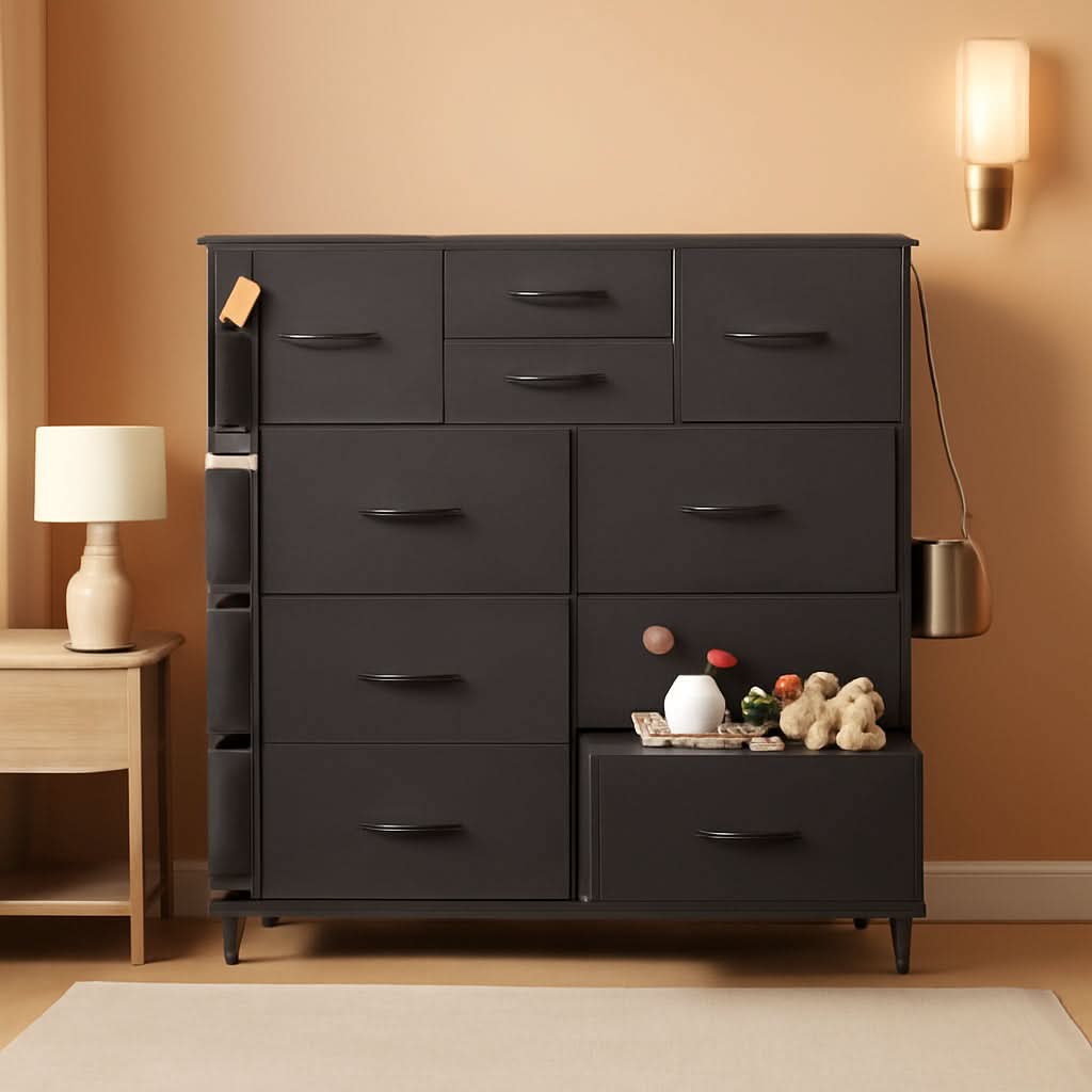 10 Drawer Dresser With Black Finish For Bedroom Storage