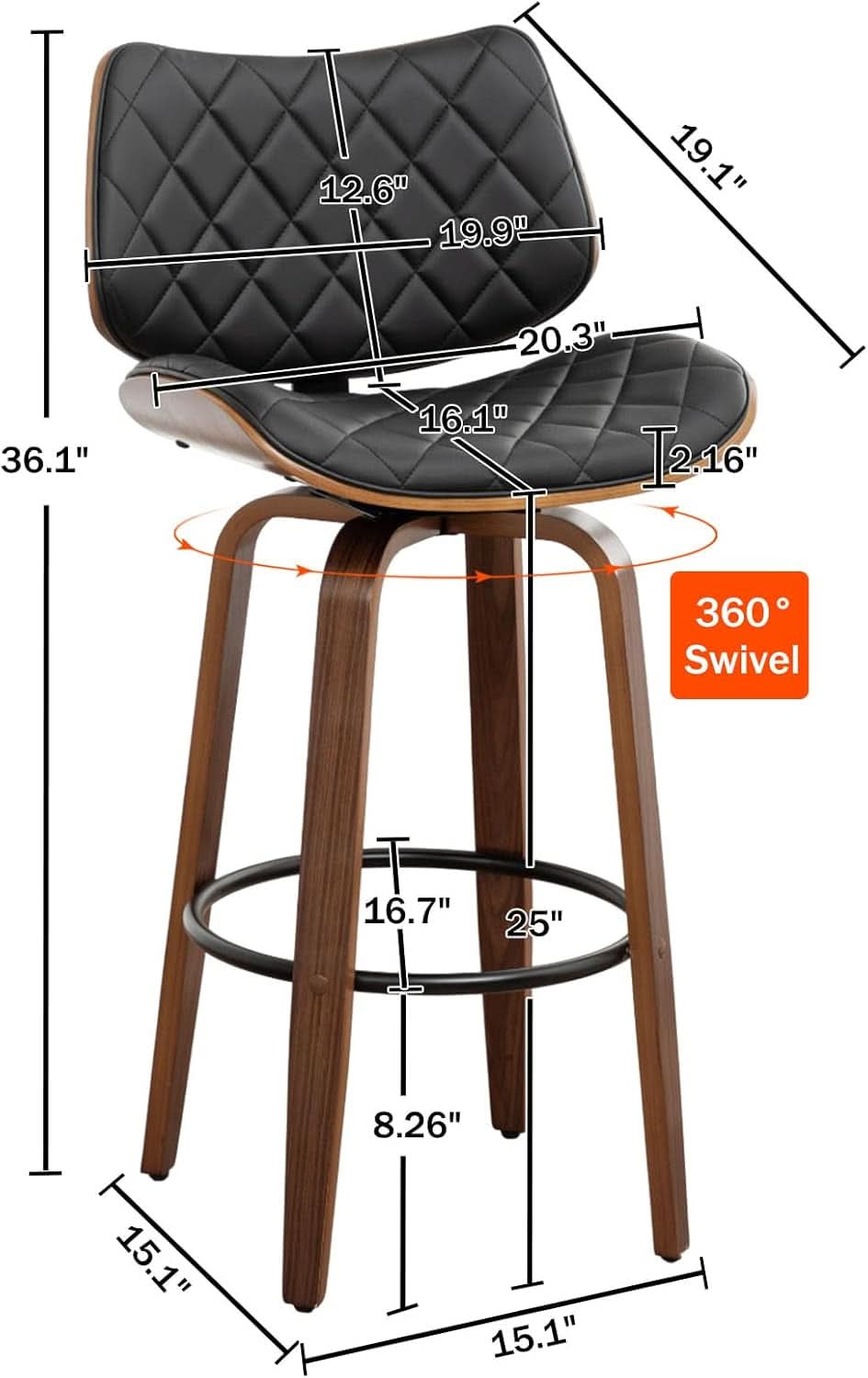 26 Inch Black Bar Stools Set Of 2 Mid Century Modern Counter Height For Kitchen Island Dining Room Cafe