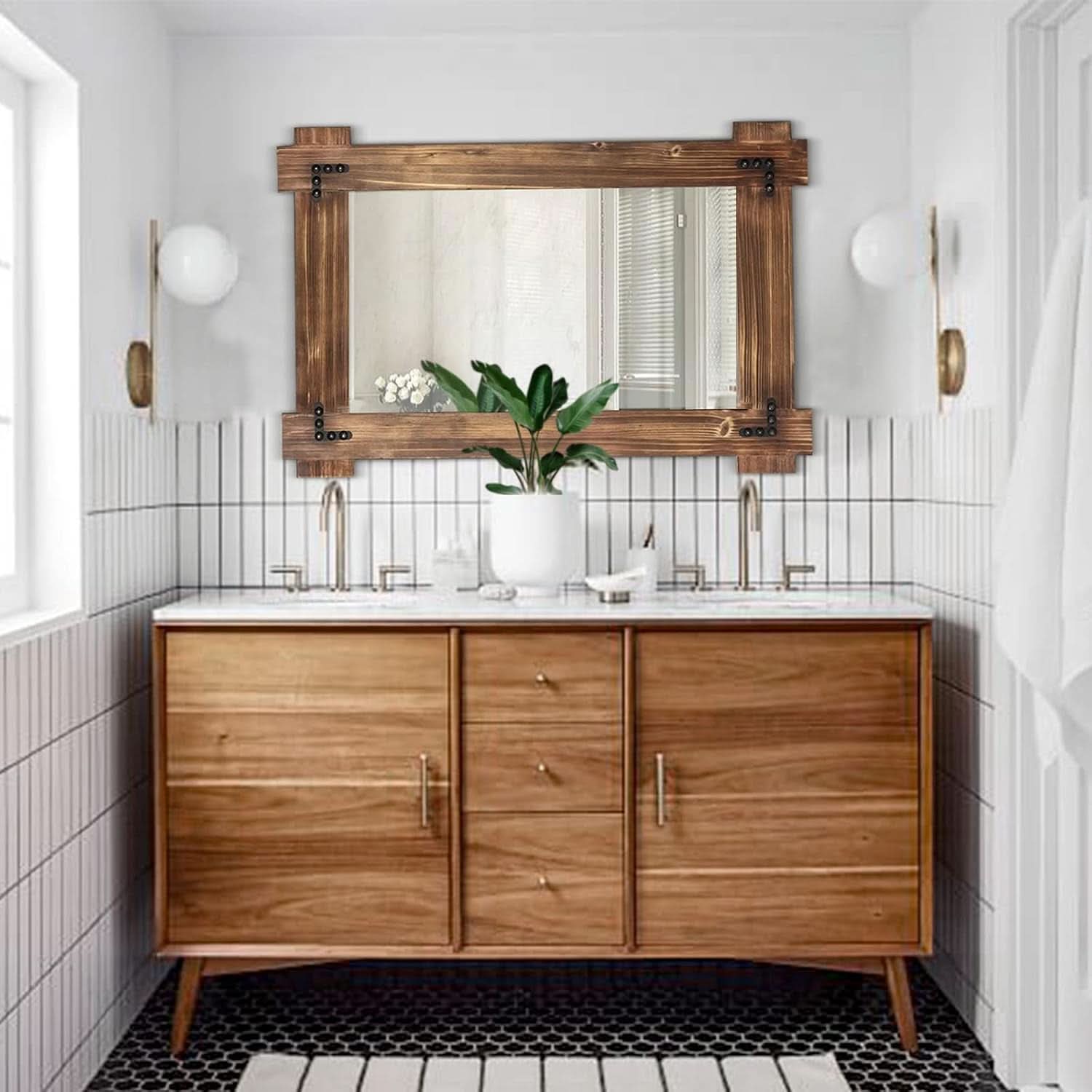 20x30 Rustic Wood Mirror For Bath With Black Metal Accents