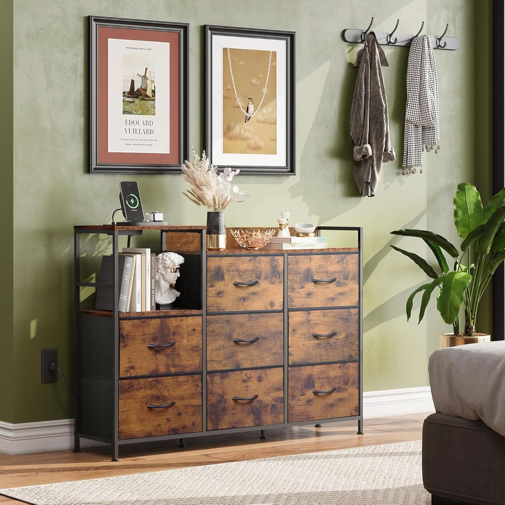 Dresser TV Stand With Charging Station And 8 Fabric Drawers
