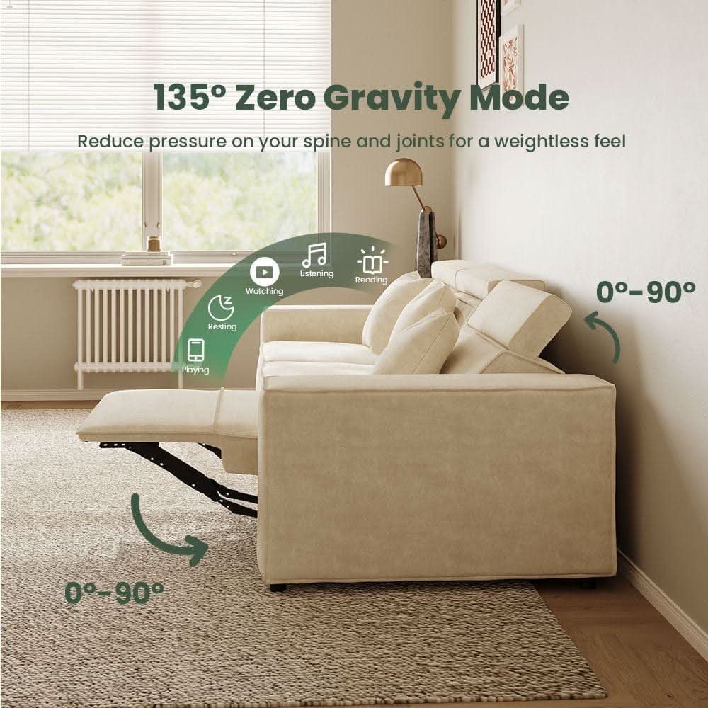 Modular Sectional Sofa With Velvet Beige Finish Recliner Compact Layout