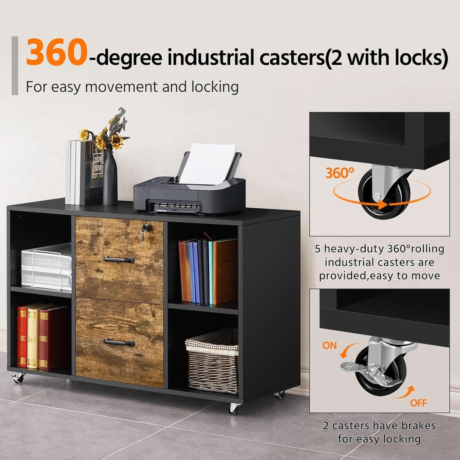 Lateral Filing Cabinet 2 Drawers 4 Open Compartments Black