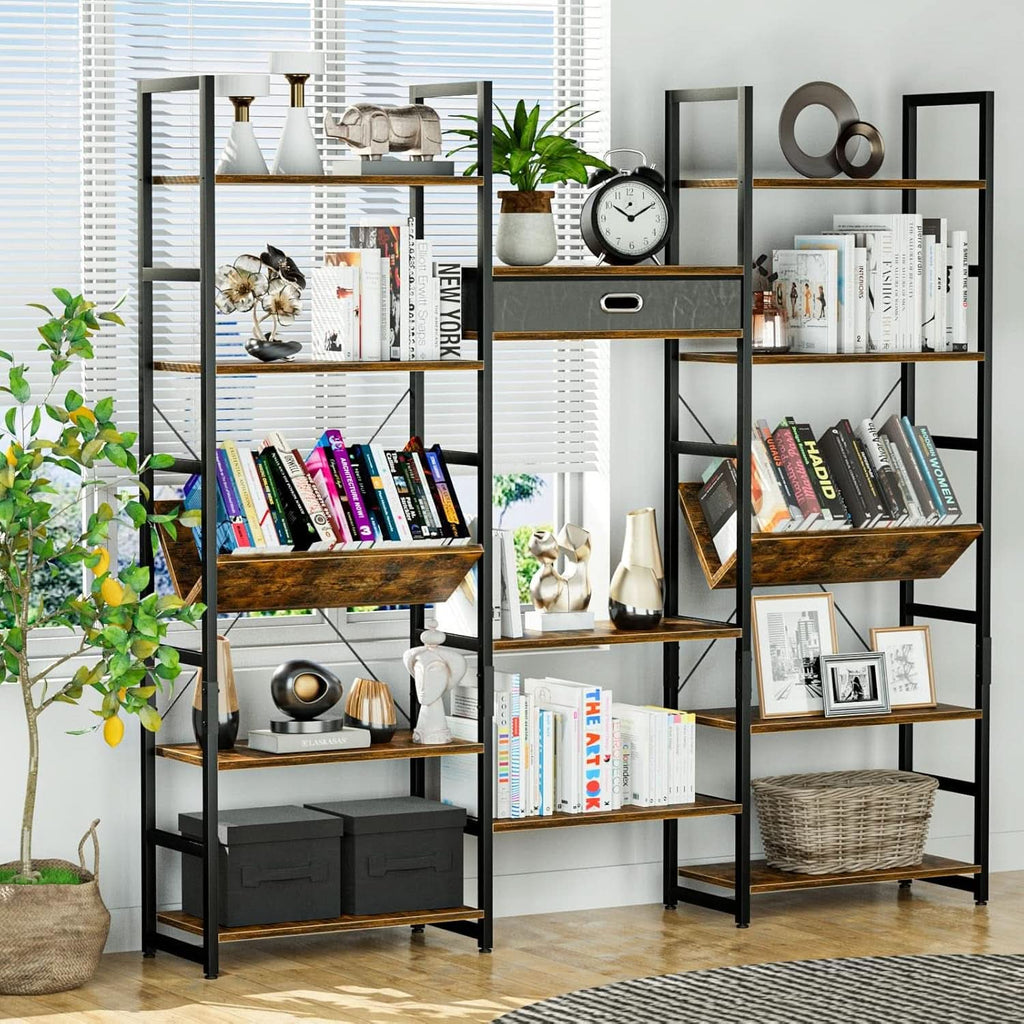 Triple Wide Five Tier Bookshelf Rustic Brown Finish