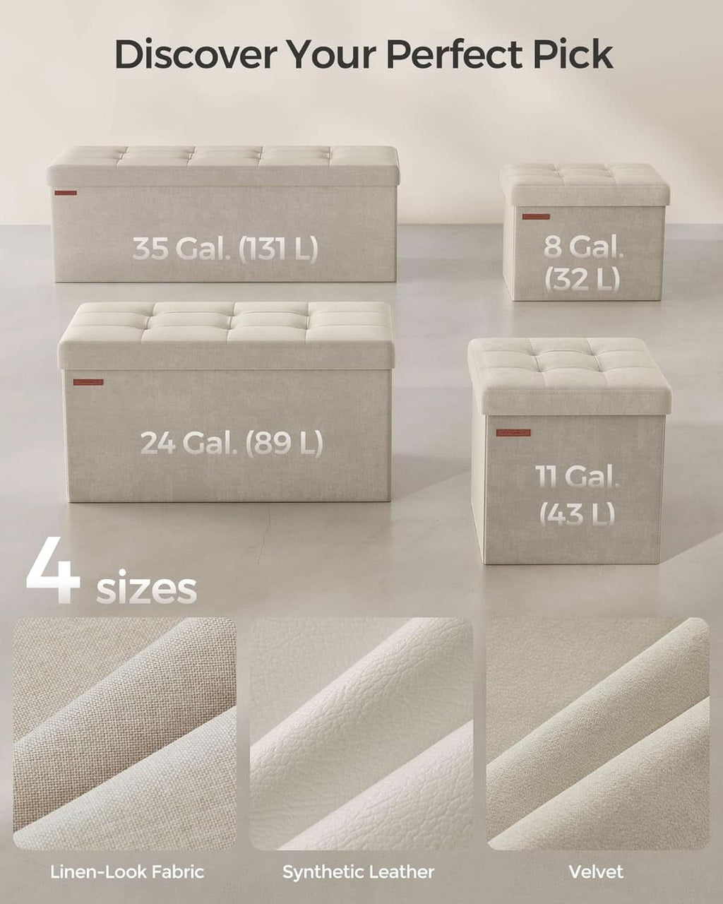 Cream White Storage Ottoman Bench Foldable 15x43x15