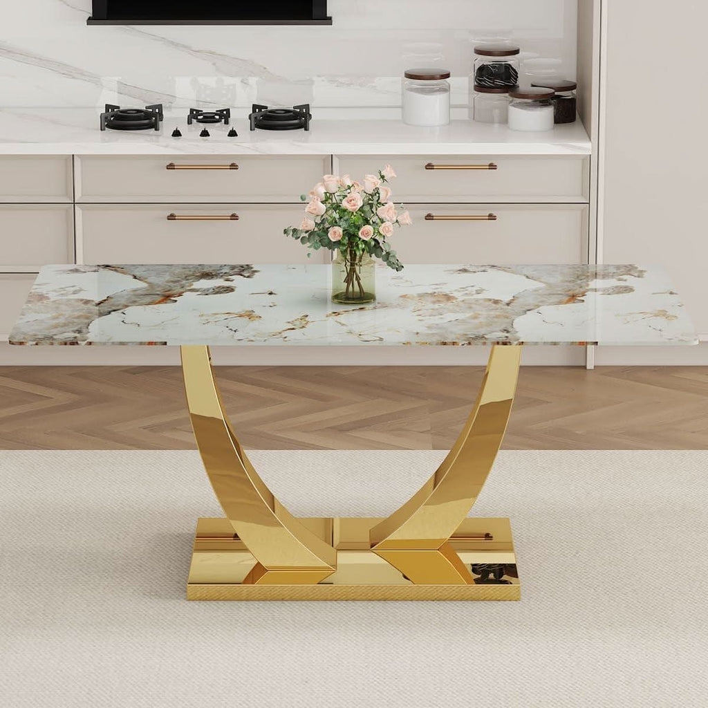 71 Inch Faux Marble Dining Table Tempered Glass Top